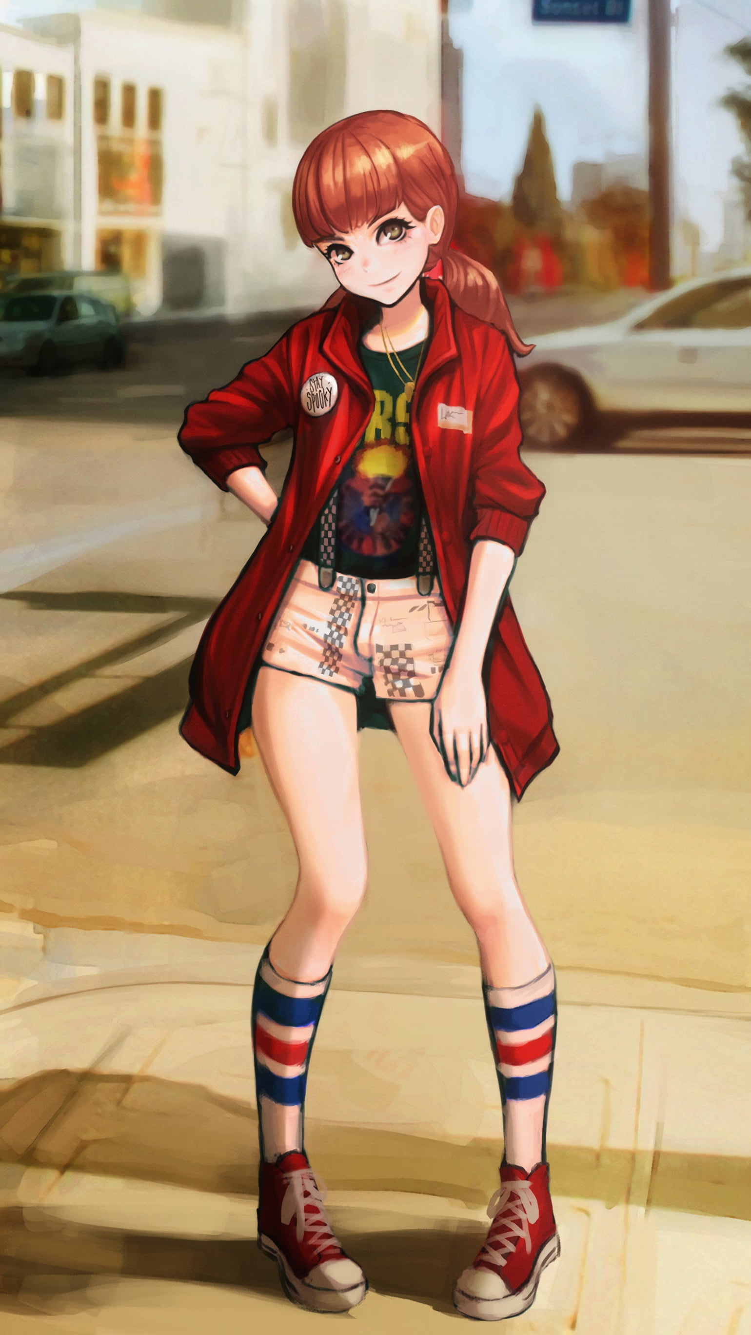 body part, long, red, females, one person, young adult, portrait, emotion, woman, mask, shorts, 2K, knee-highs, women, street, clothing, long hair, sleeved, Phone HD Wallpaper