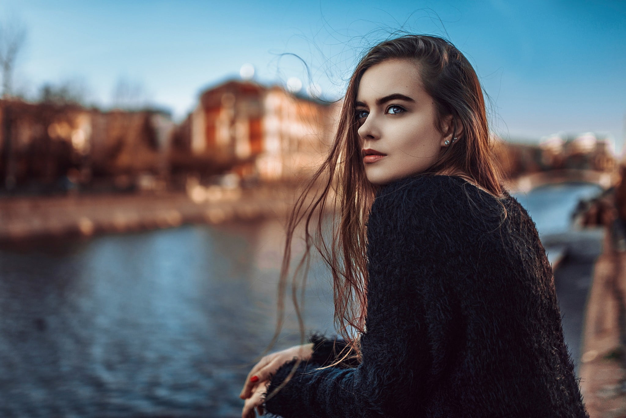standing, cardigan, sweater, photo, one person, red nails, casual clothing, auburn hair, river, portrait, 1080P, Georgy Chernyadyev, sky, women, brown hair, HD Wallpaper