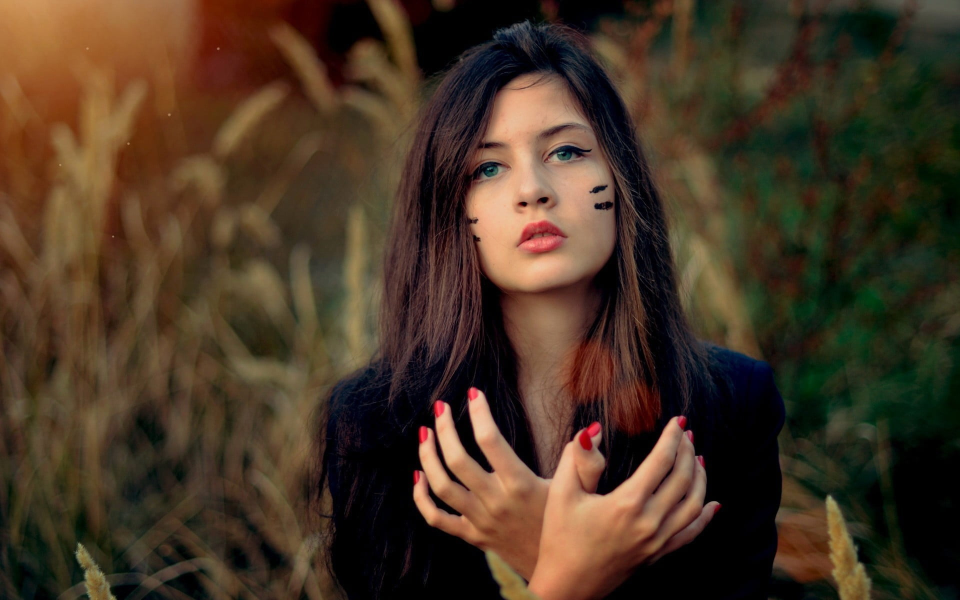 blue eyes, painted nails, body part, beauty, looking into the distance, face paint, women outdoors, front view, contemplation, teenager, headshot, lipstick, HD Wallpaper