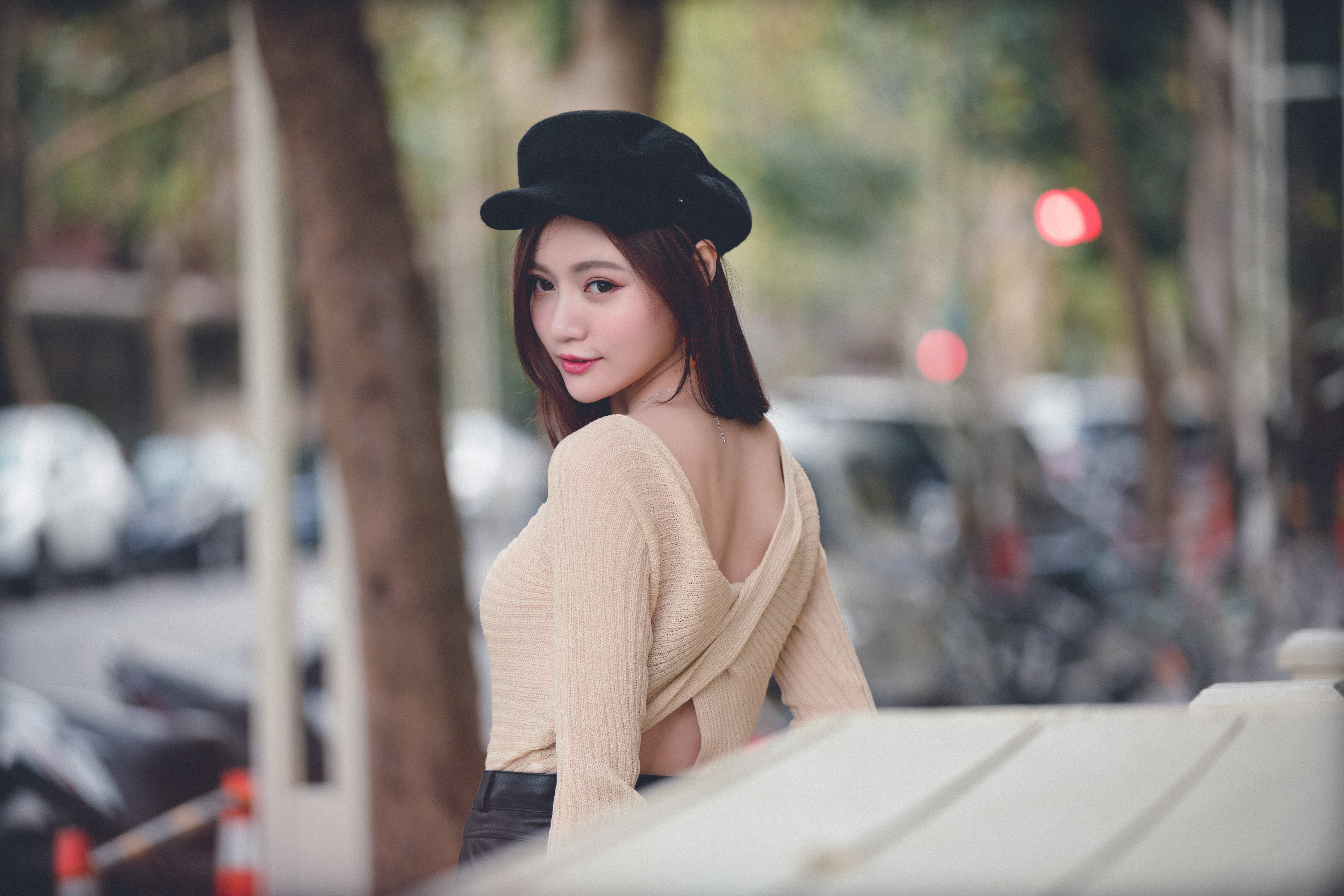 car, model, long hair, trees, depth of field, street, 5K, Asian, black hat, brunette, women, leather skirts, HD Wallpaper