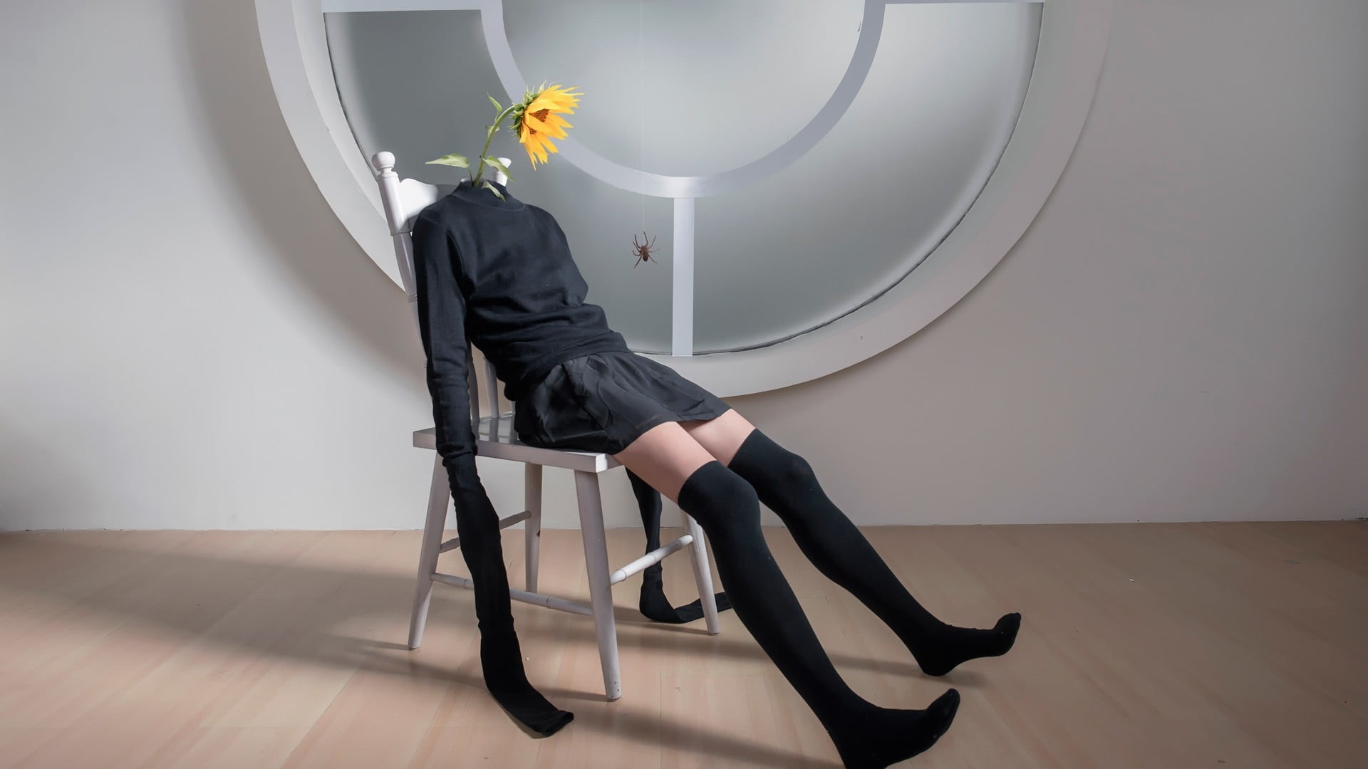 flower, 1080P, legs, chair, fashion, sitting, plant, knee-highs, flowering plant, nature, adult, window, sweater, artwork, flowers, indoors, yellow, shoe, HD Wallpaper