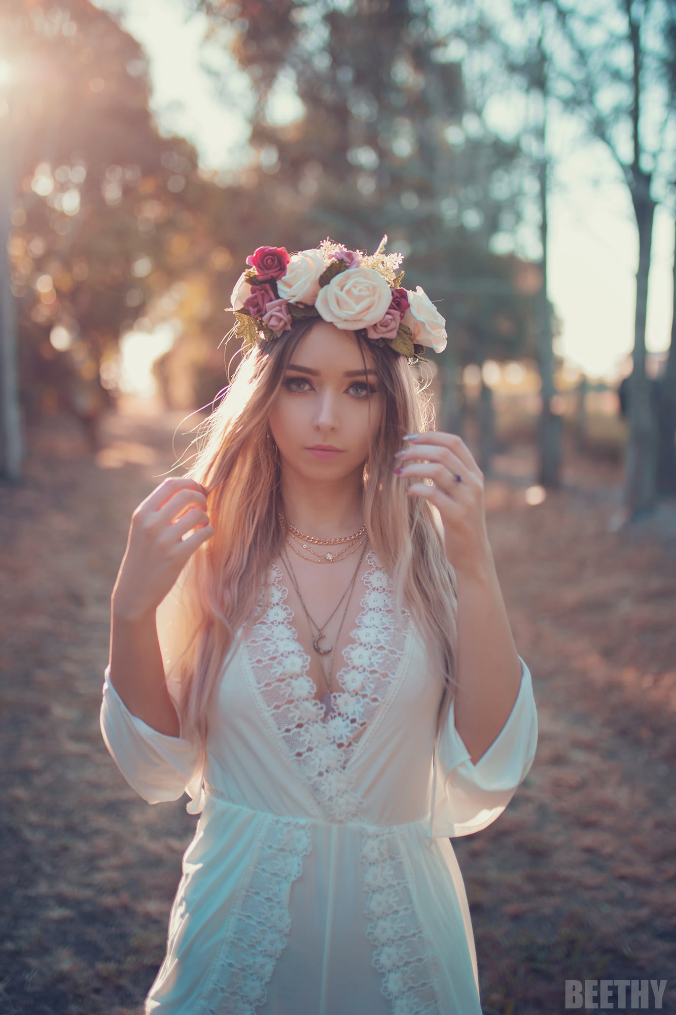 nature, long hair, white clothing, flowers, 1080P, blue eyes, women, blonde, Beethy, model, Phone HD Wallpaper