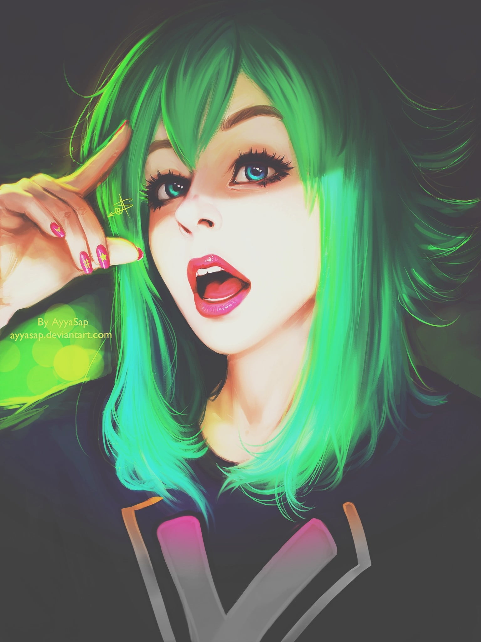 fan art, dyed hair, green, black background, one person, anime, 1080P, Pokemon Zaphire, cosplay, human face, haired, body part, female, multi colored, Phone HD Wallpaper