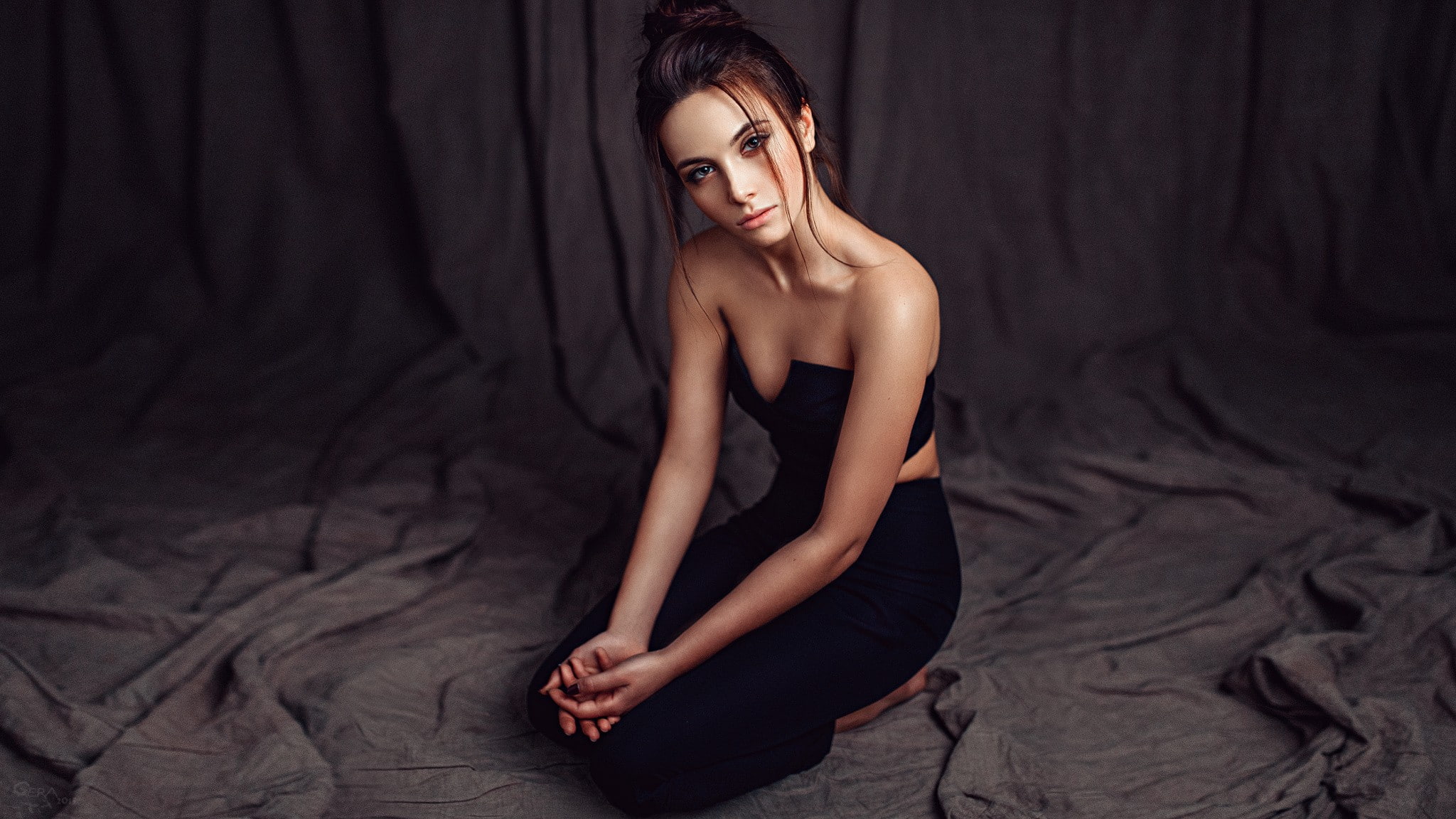 glamour, fashion, studio shot, hairstyle, brown hair, young adult, kseniya klimenko, beautiful woman, looking at camera, model, women, girls, portrait, HD Wallpaper