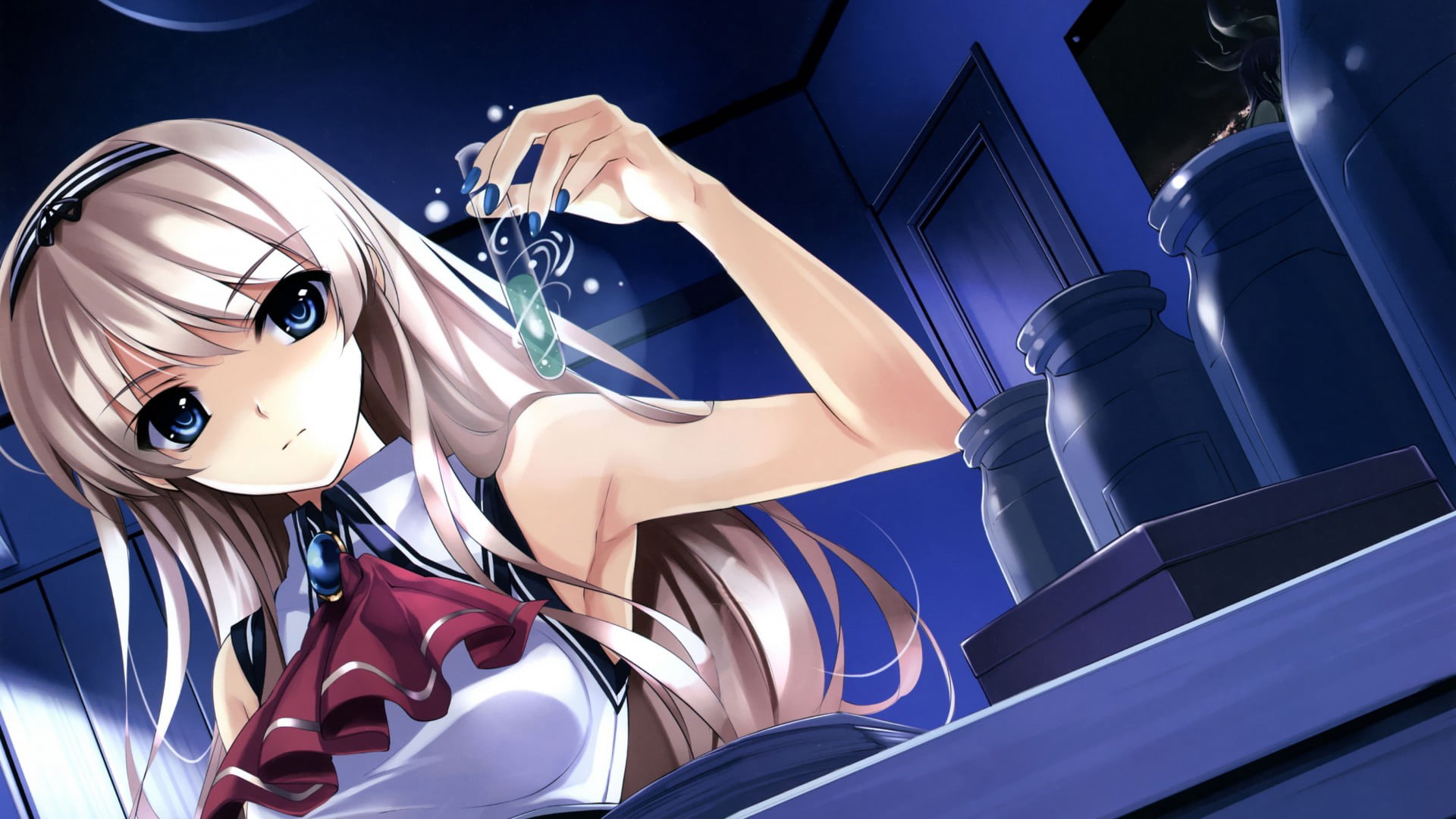 anime, female, blonde, painted nails, cyborg, portrait, sitting, robot, 1080P, lifestyles, beauty, young women, anime girls, blue, science, beautiful woman, HD Wallpaper