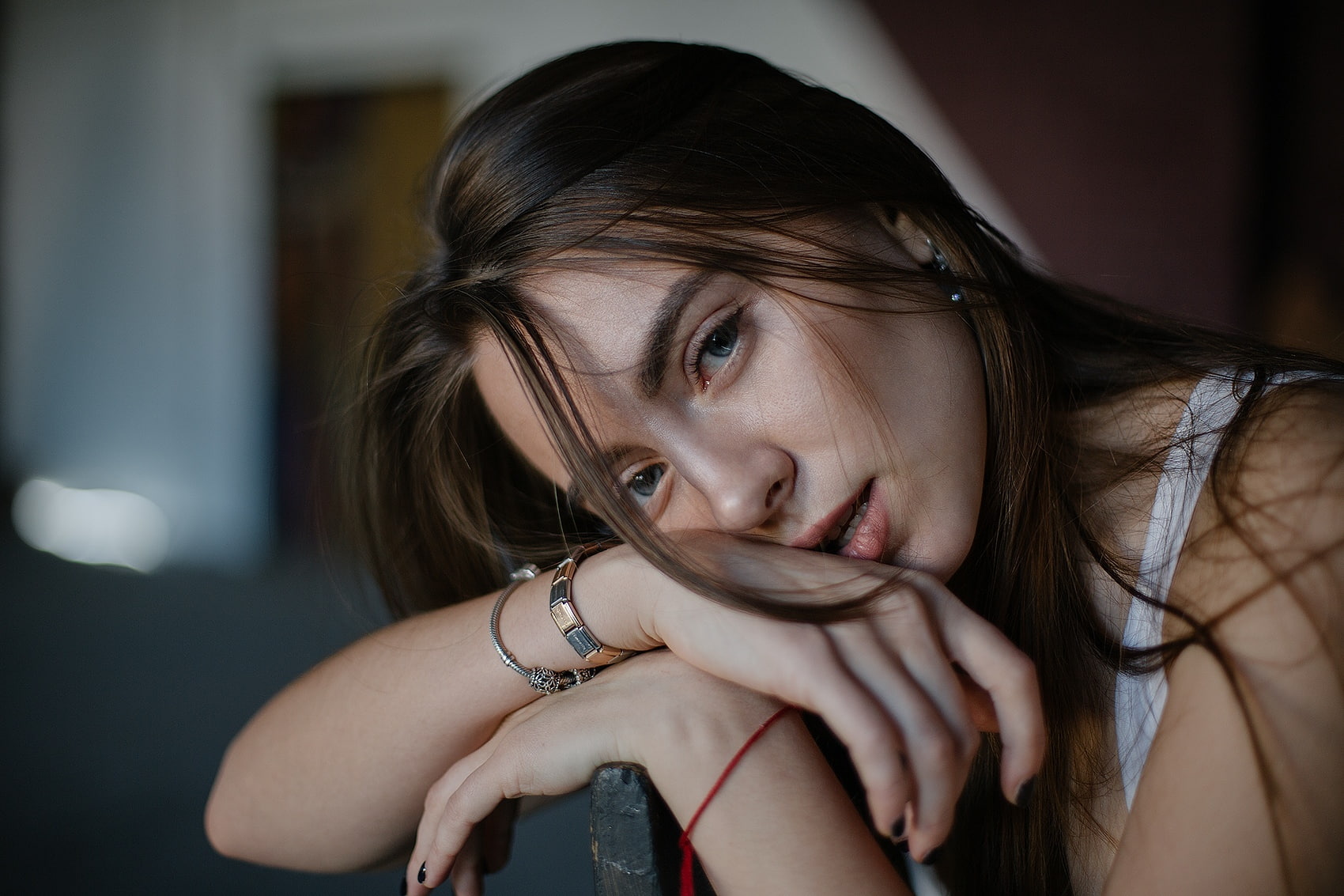 black nails, face, blue eyes, portrait, 720P, women, HD Wallpaper