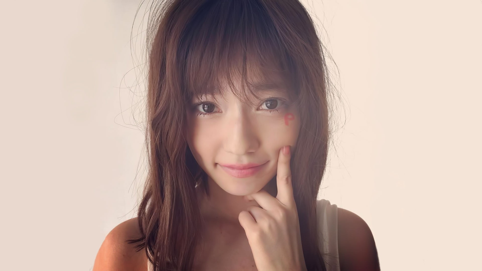 s, indoors, akb48, hairstyle, bangs, studio shot, looking at camera, close-up, pink, young women, smiling, beige background, lipstick, brown hair, portrait, HD Wallpaper