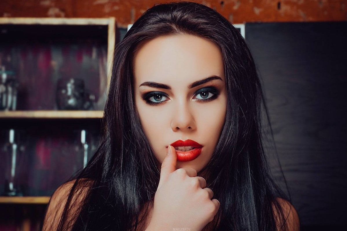 face, red lipstick, portrait, 480P, women, finger on lips, HD Wallpaper