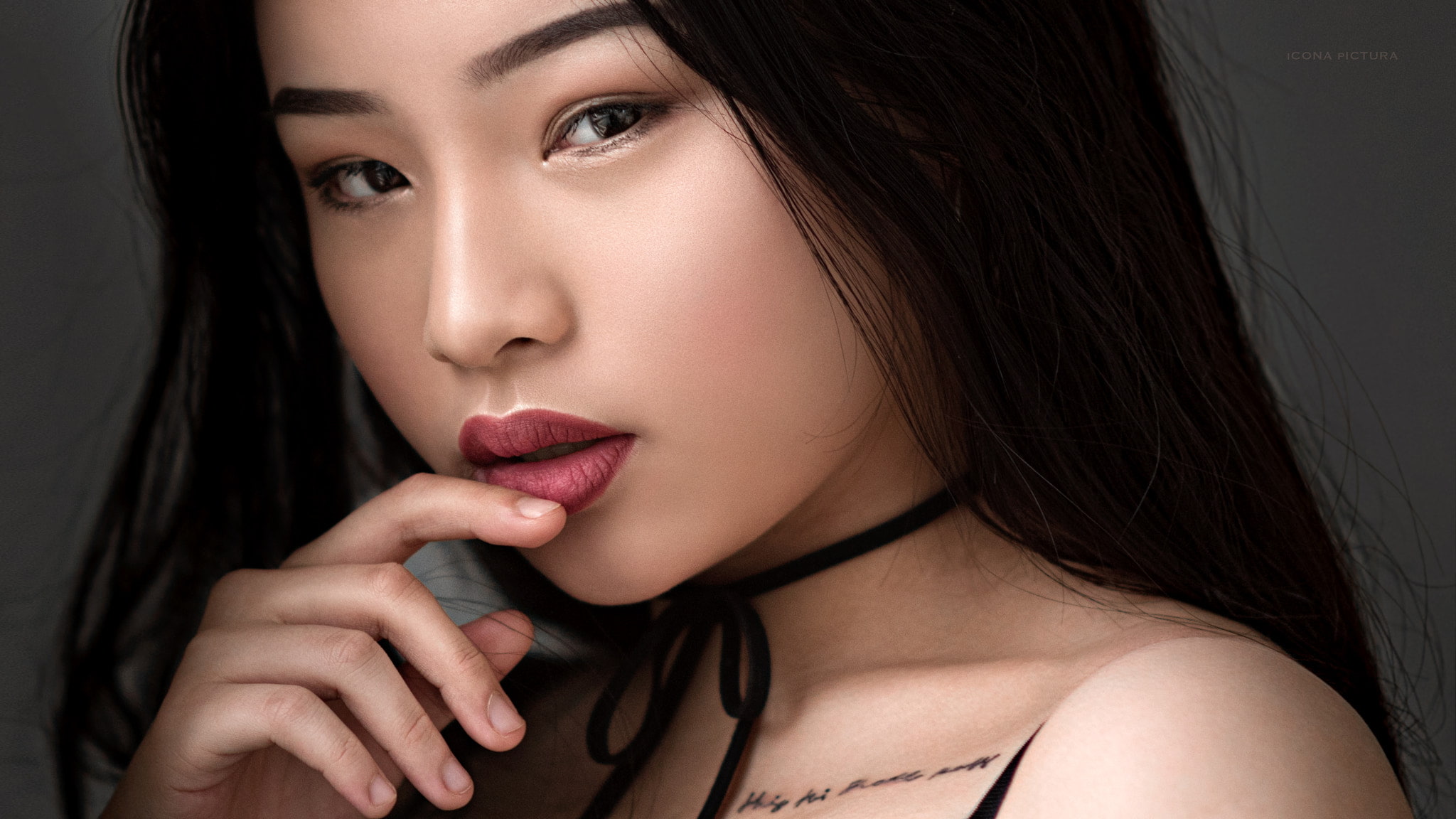 women, Asian, tattoo, finger on lips, red lipstick, portrait, face, 1080P, HD Wallpaper
