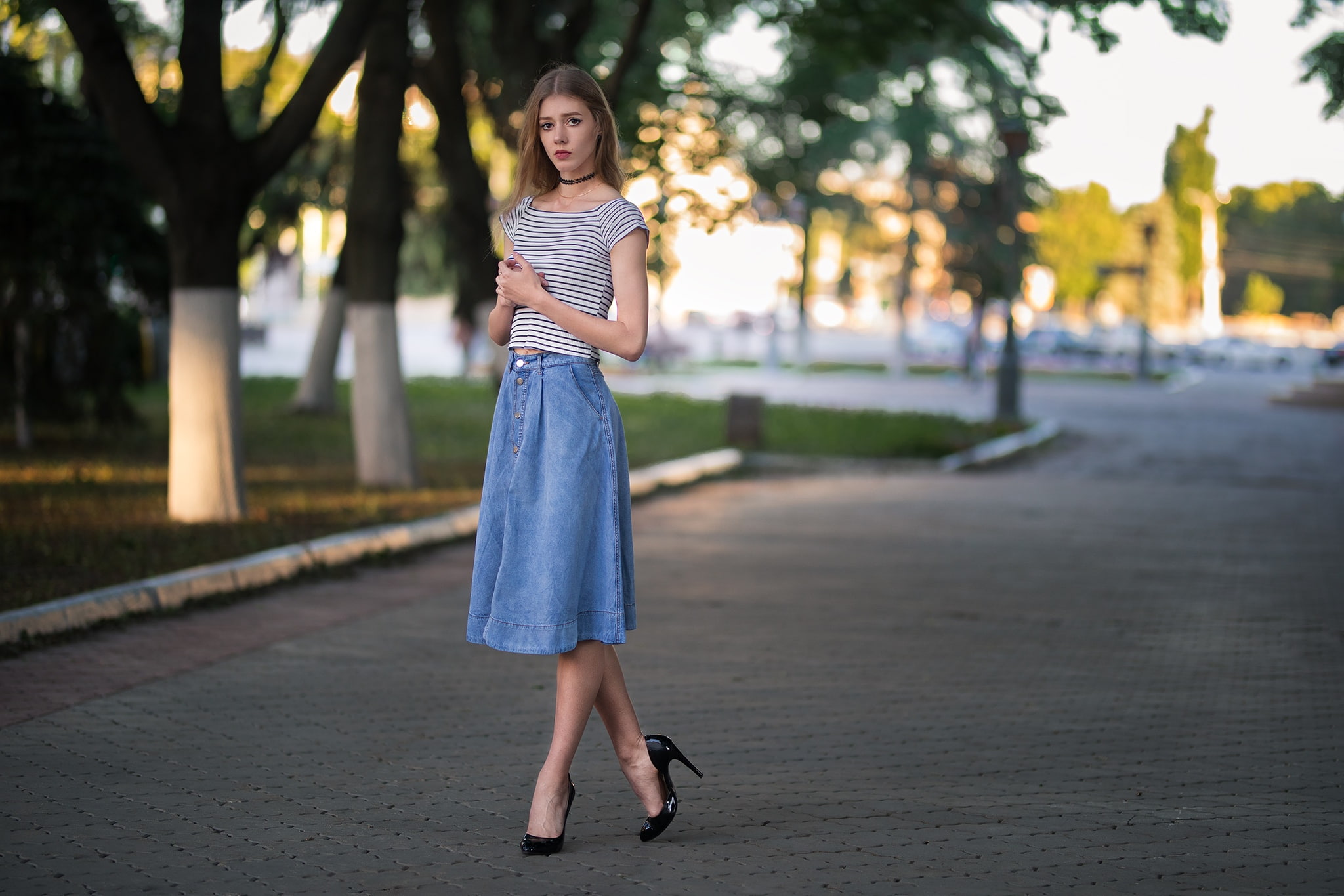 model, standing, outdoors, women outdoors, necklace, brown eyes, heels, 1080P, striped tops, Dmitry Shulgin, trees, depth of field, denim, skirt, belly, HD Wallpaper