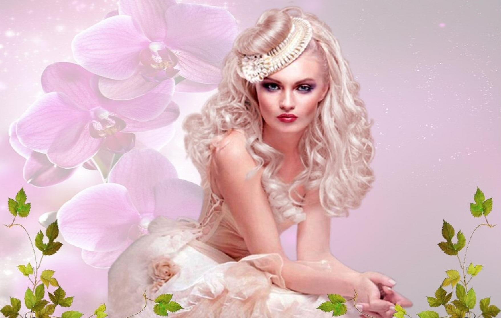 photography, orchid, soft, photoshop, serene, beauty, feminine, 720P, pink, woman, blonde, flowers, beautiful, orchids, HD Wallpaper