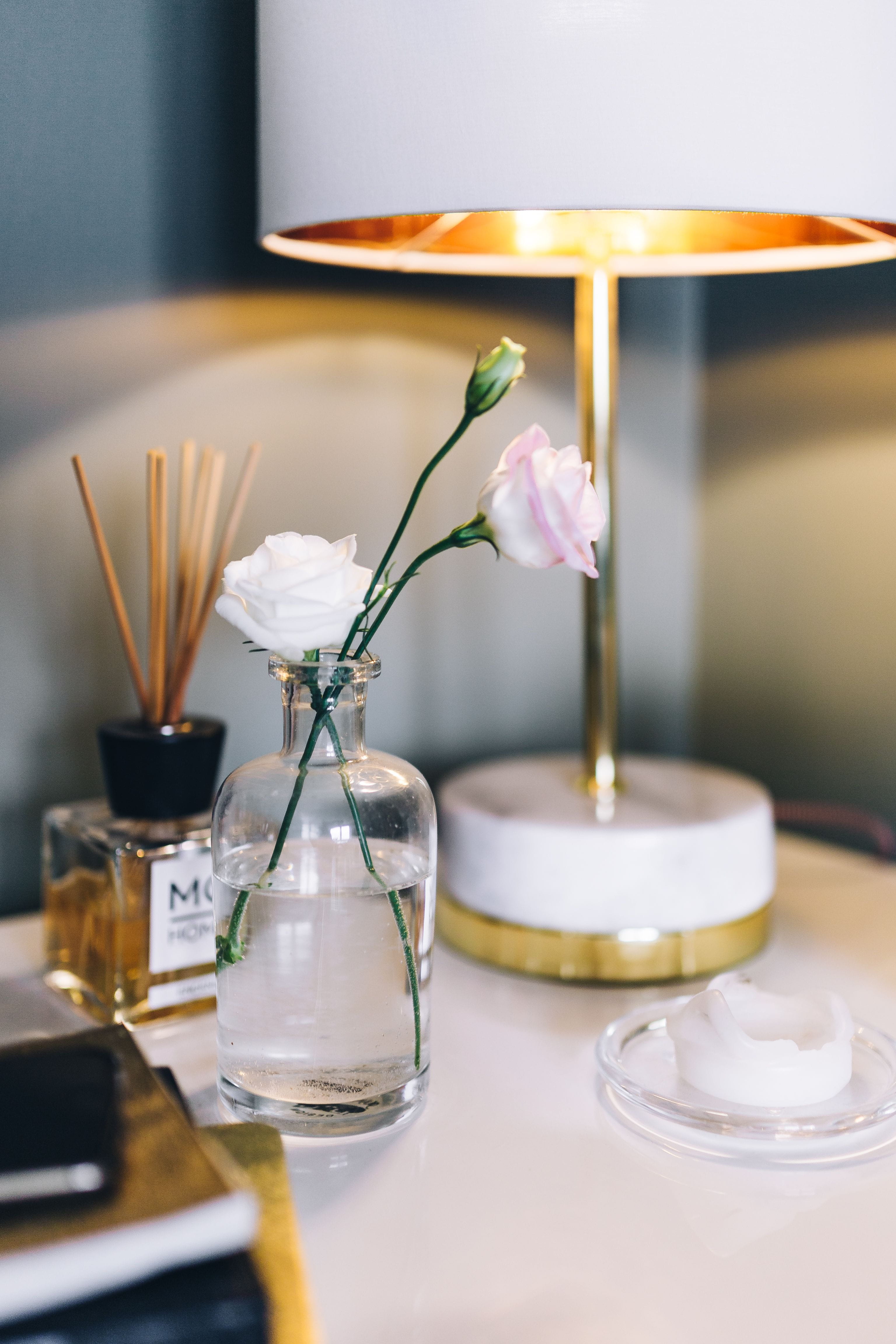indoors, lamp, vase, glass, freshness, setting, beauty in nature, vulnerability, flower head, decoration, electric lamp, flowering plant, table, flowers, Phone HD Wallpaper