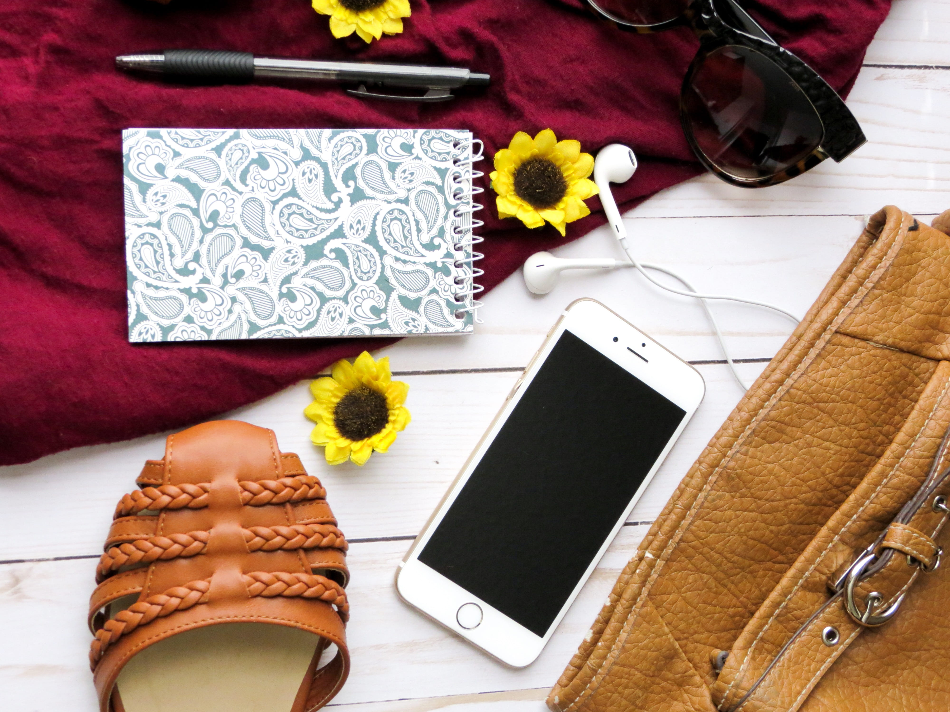 leather, wireless technology, lay, mobile phone, sunflowers, table, portable information device, connection, fashion, headphones, close-up, screen, red, HD Wallpaper