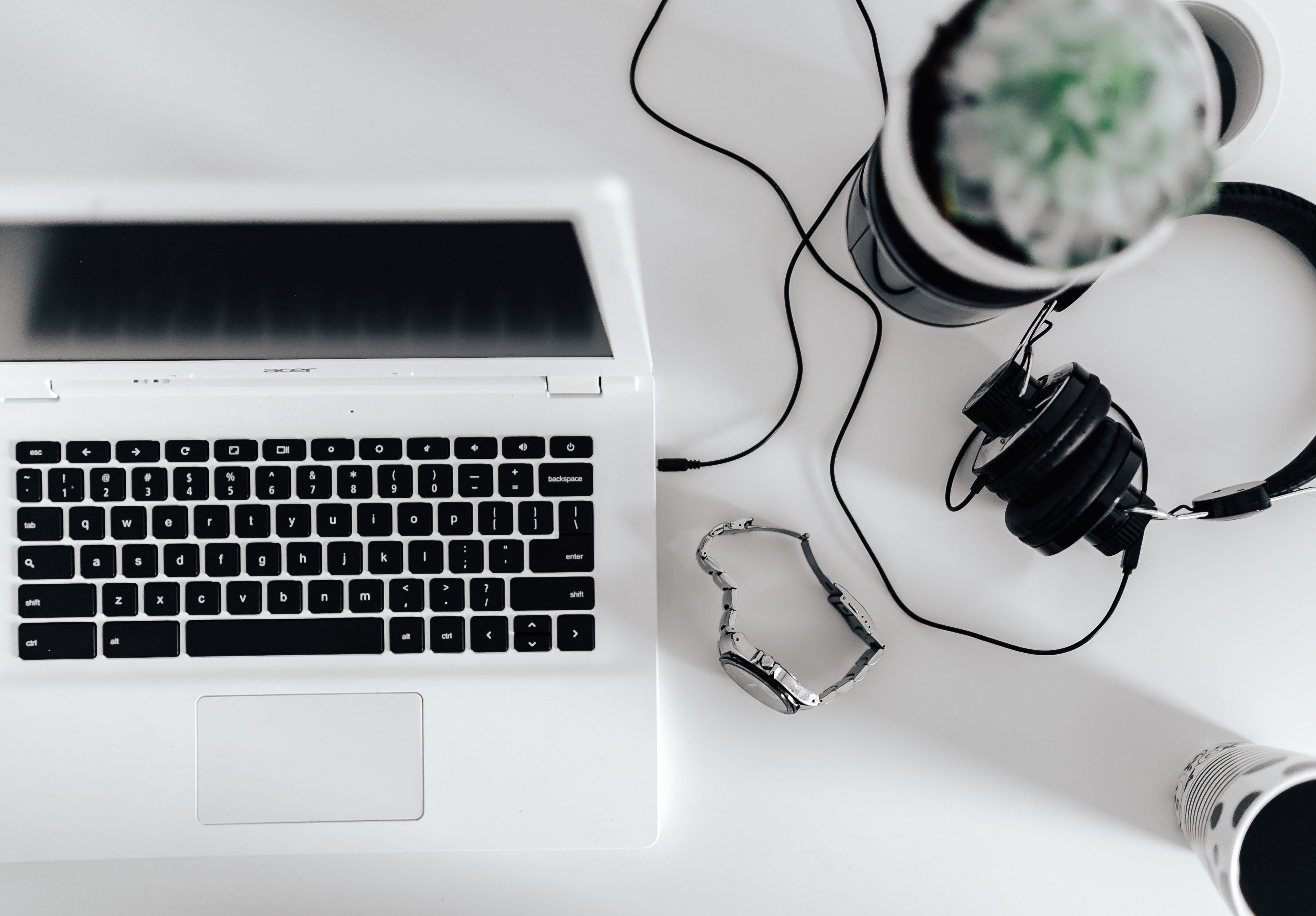 headphones, white laptop, computer equipment, connection, directly above, close-up, computer keyboard, indoors, essentials, light, minimal, white, communication, HD Wallpaper