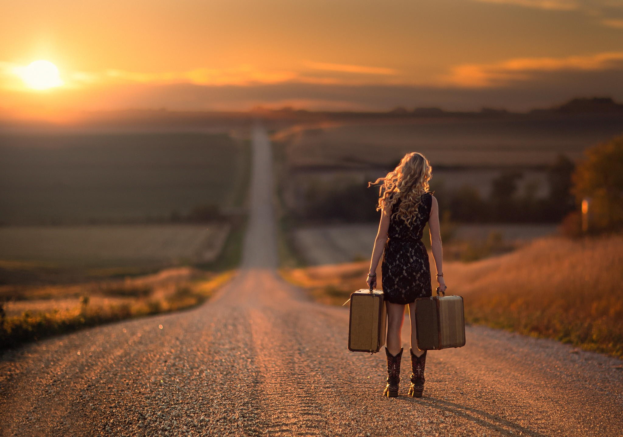 depth of field, boots, landscape, curly hair, Jake Olson, suitcase, 1080P, sunlight, women, road, HD Wallpaper