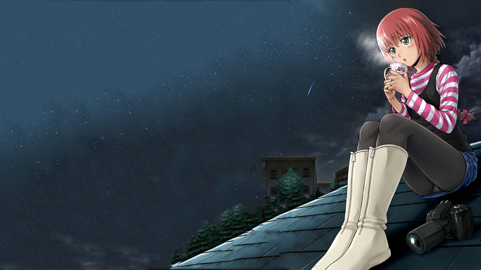 girls, real people, night, Darker than Black, sky, building exterior, adult, sitting, thigh-highs, young adult, 1080P, females, architecture, nature, built structure, HD Wallpaper