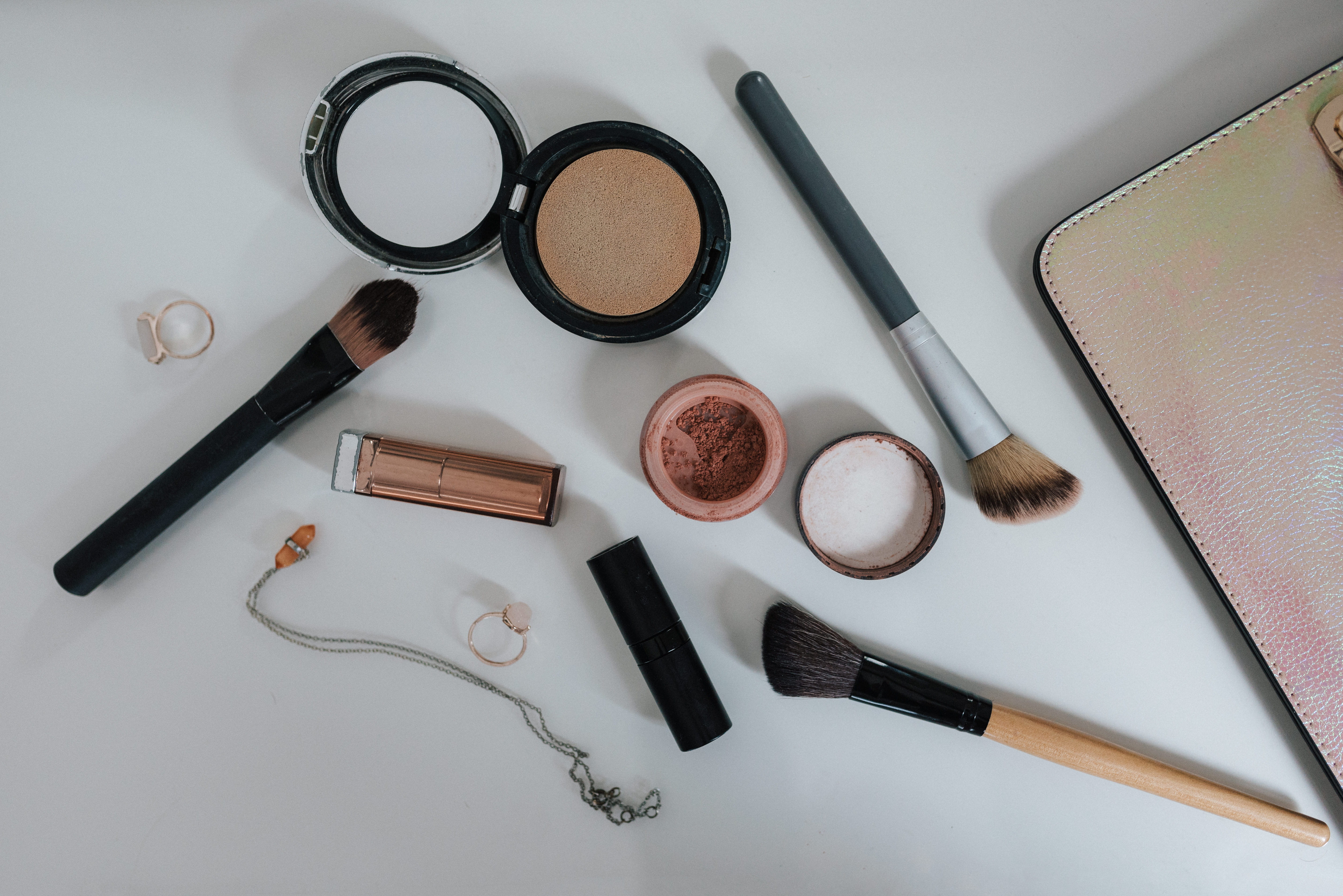 eyeliner, make-up brush, lipstick, brush, indoors, high angle view, fashion, photography, no people, face powder, makeup, blush, table, office, 5K, beauty, HD Wallpaper