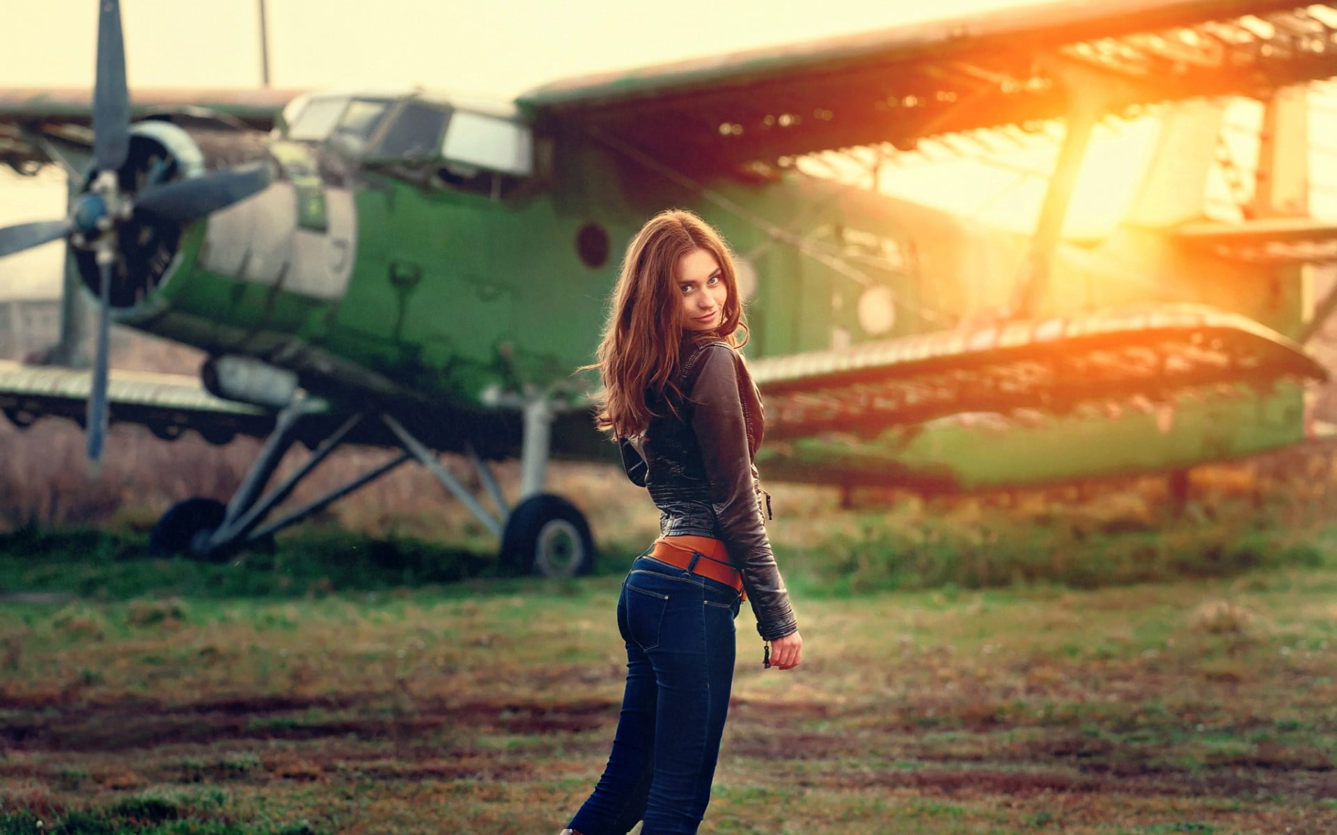 looking at viewer, beautiful woman, black jackets, females, women, women outdoors, outdoors, long hair, An-2, 1080P, airplane, adult, hairstyle, transportation, HD Wallpaper