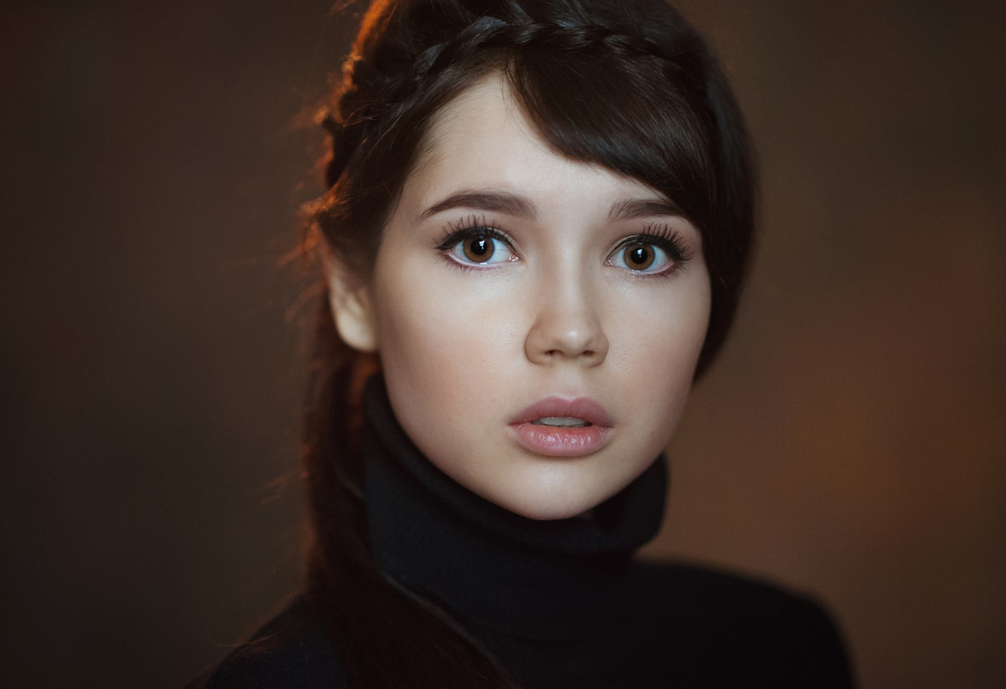 innocence, indoors, simple background, beauty, studio shot, front view, teenager, bangs, Maxim Maximov, hair, human face, Ekaterina Ermakova, serious, looking at camera, HD Wallpaper