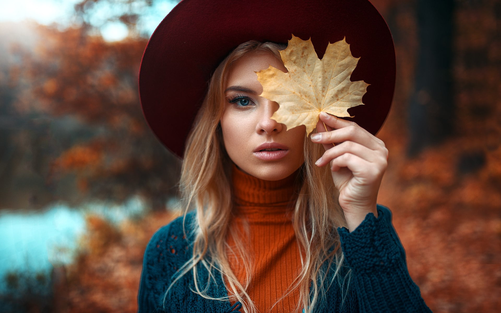 leaves, front view, 1080P, autumn, blond hair, young women, hair, blue eyes, depth of field, blonde, outdoors, long hair, one person, teenager, focus on foreground, HD Wallpaper
