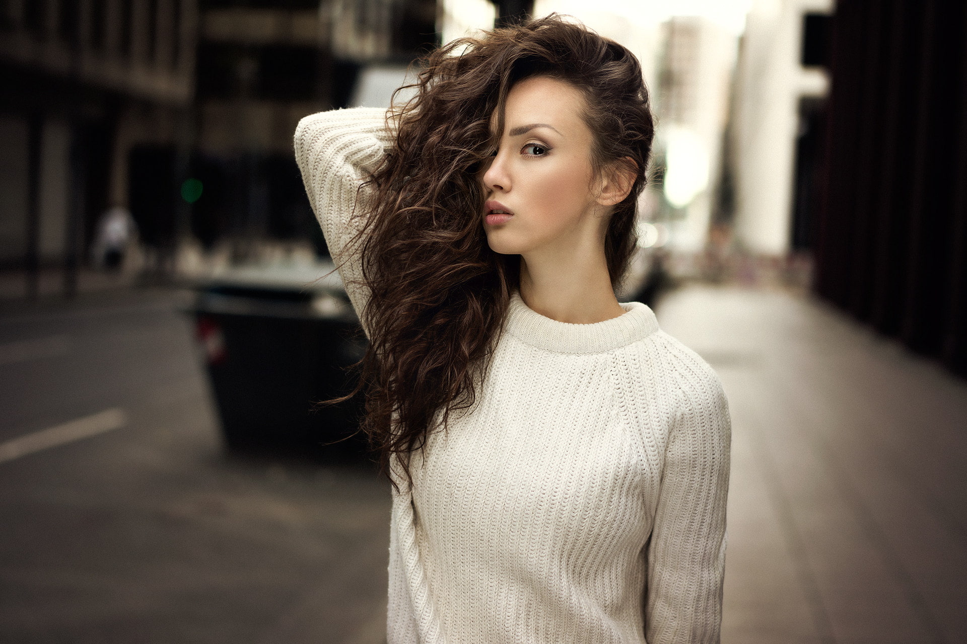 portrait, urban, turtleneck, women outdoors, adult, casual clothing, focus on foreground, teenager, 1080P, 500px, front view, white sweater, long hair, HD Wallpaper