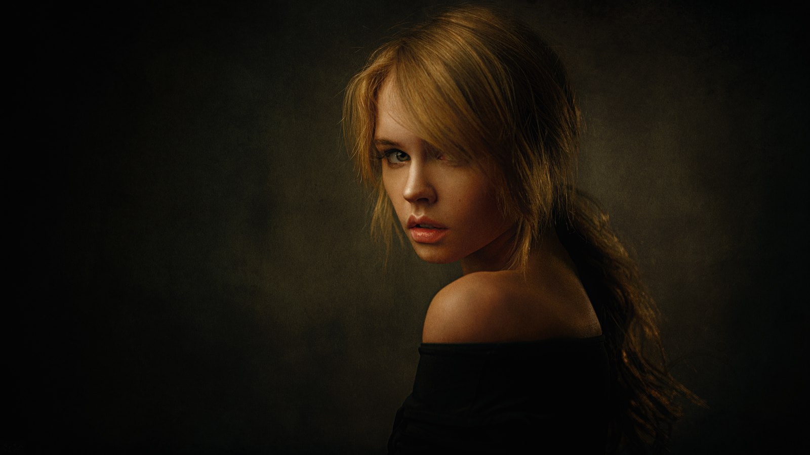black clothing, hair in face, face, Georgy Chernyadyev, Anastasia Scheglova, simple background, portrait, tanned, 720P, long hair, women, bare shoulders, HD Wallpaper