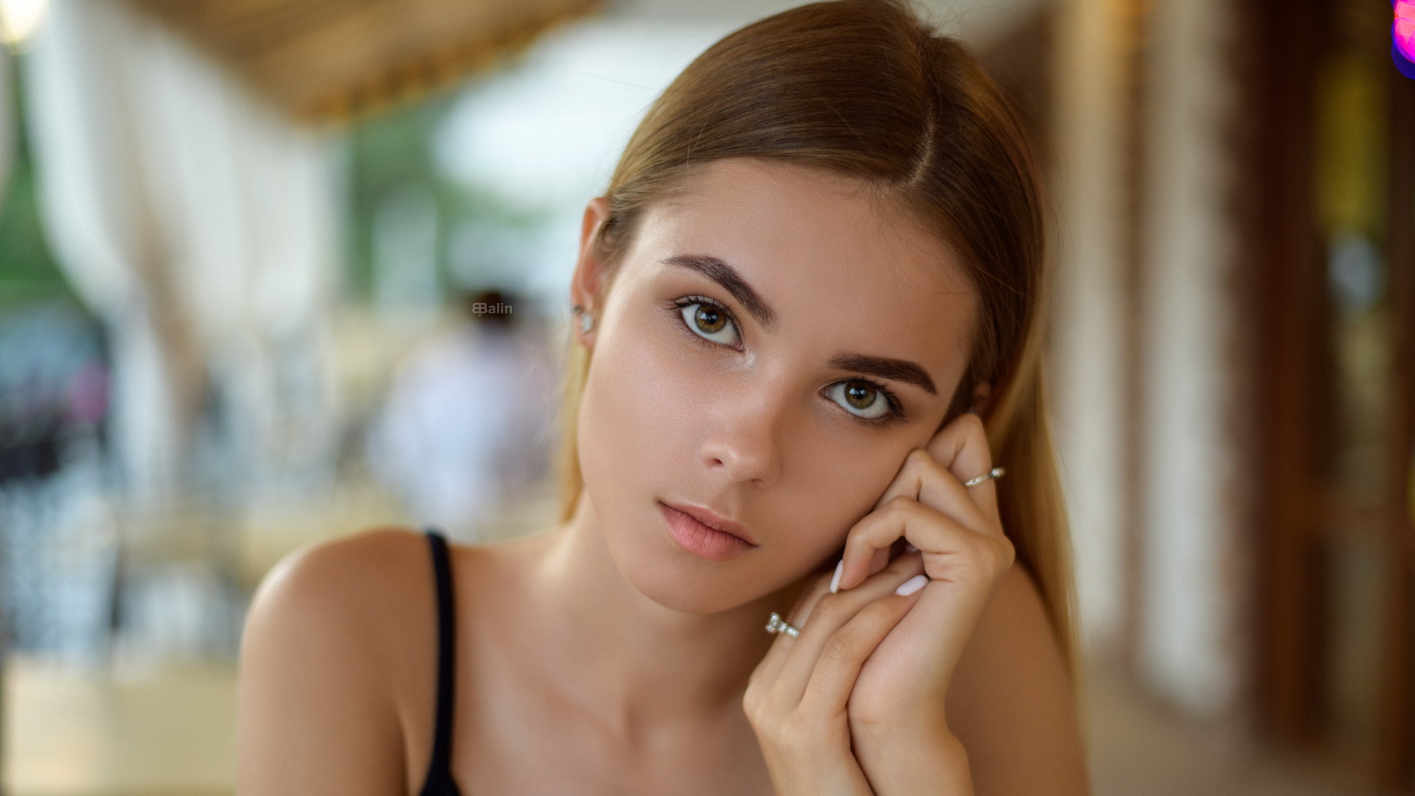 brunette, portrait, painted nails, rings, brown eyes, looking at viewer, straight hair, 1080P, women, jewelry, long hair, Eugene Balin, HD Wallpaper