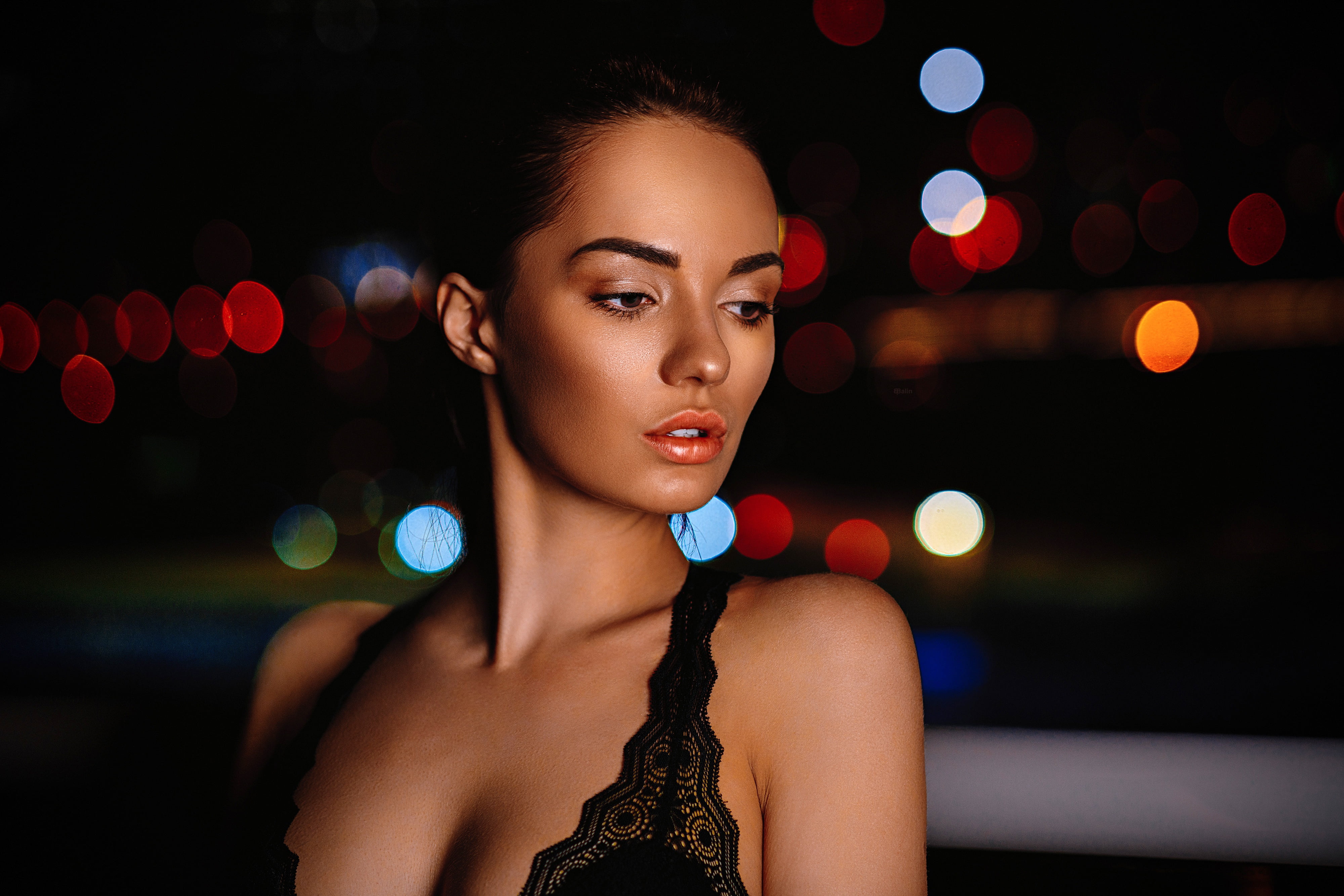 Eugene Balin, portrait, face, closeup, mouth, looking away, lights, bare shoulders, lips, cleavage, 4K, dress, brunette, model, dark eyes, black dress, HD Wallpaper
