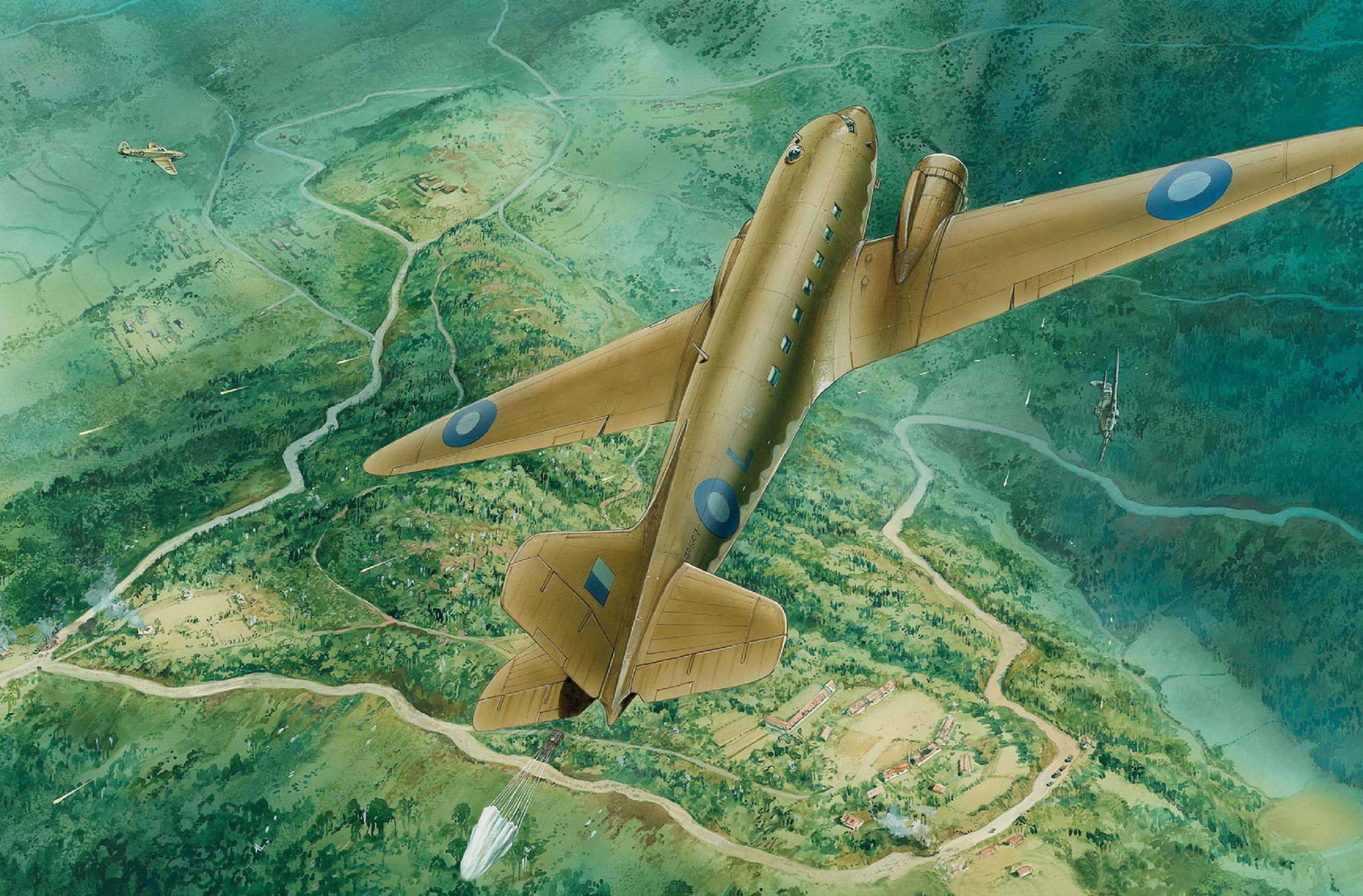 American, dropping, flying, short-haul, piston, WW2, Peter Dennis., art, engines, Britain, transport, two, parachutes, 1080P, Kachinska, artist, service, HD Wallpaper