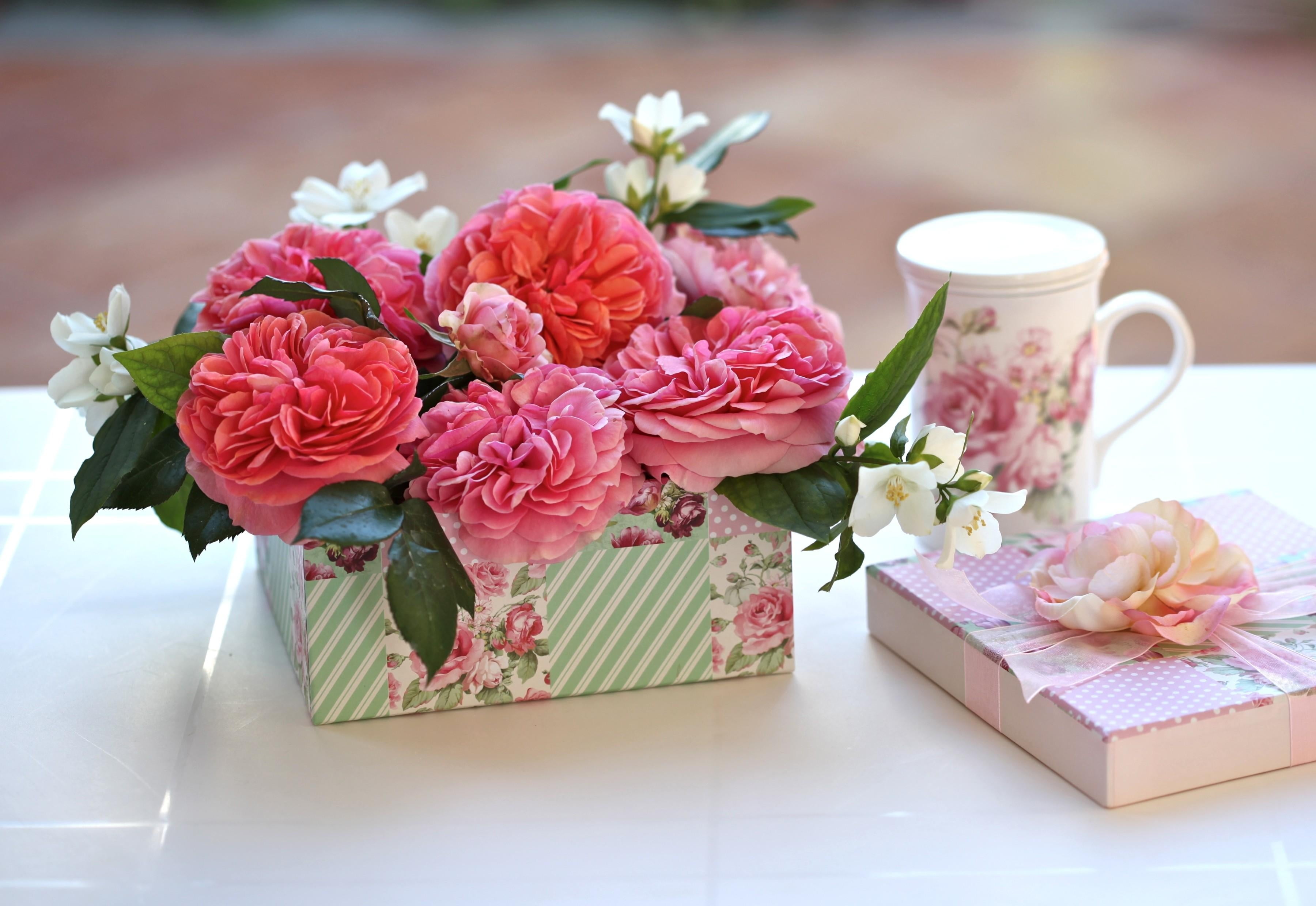 decor, buds, love, 2K, no People, roses, still life, freshness, day, romance, outdoors, pink Color, multi Colored, gift, crockery, flowers, softness, nature, HD Wallpaper