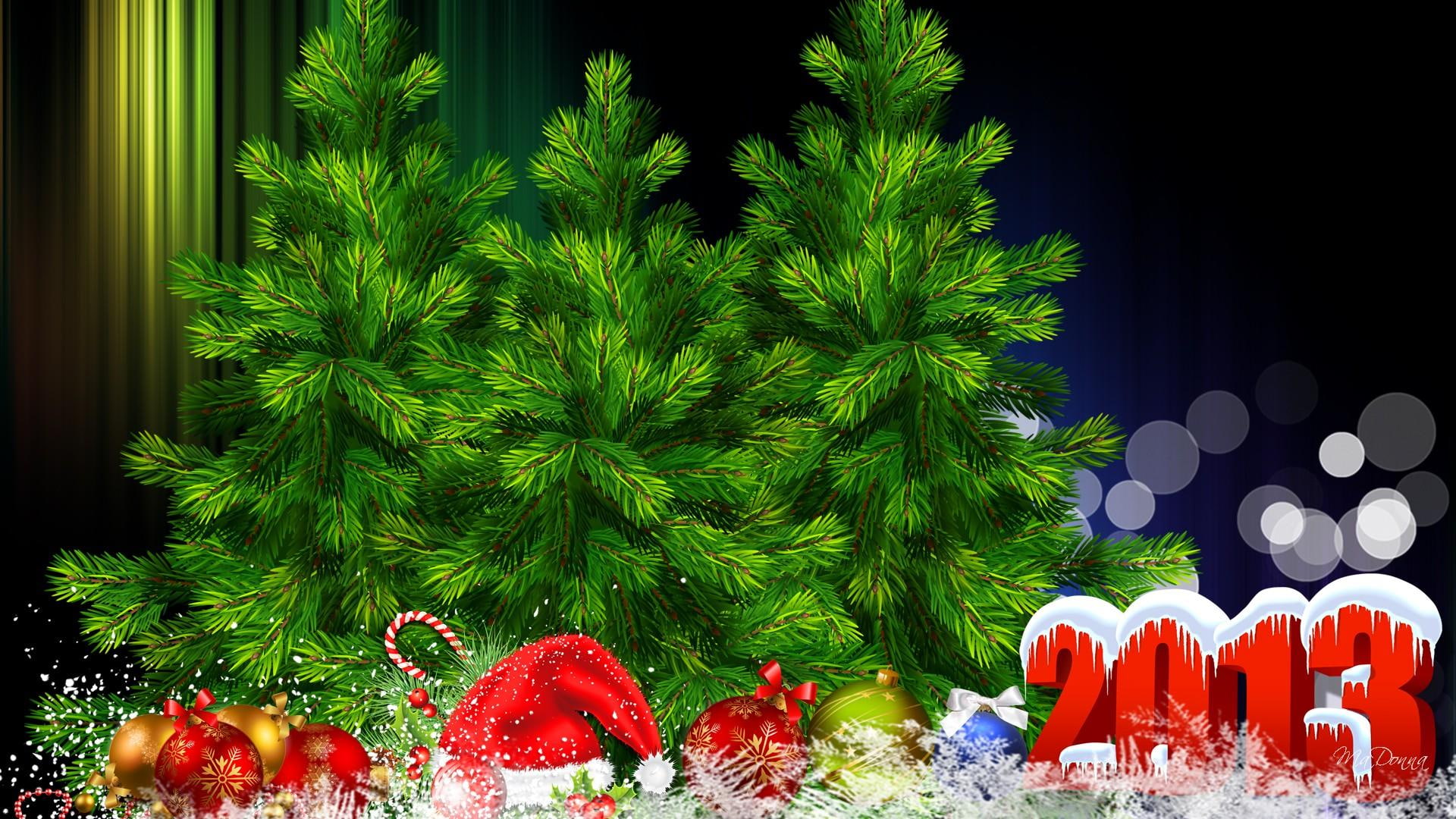 pine, feliz navidad, tree, year, christmas, sant, bows, decorations, balls, spruce, surprise, new, new year, 1080P, ribbons, HD Wallpaper