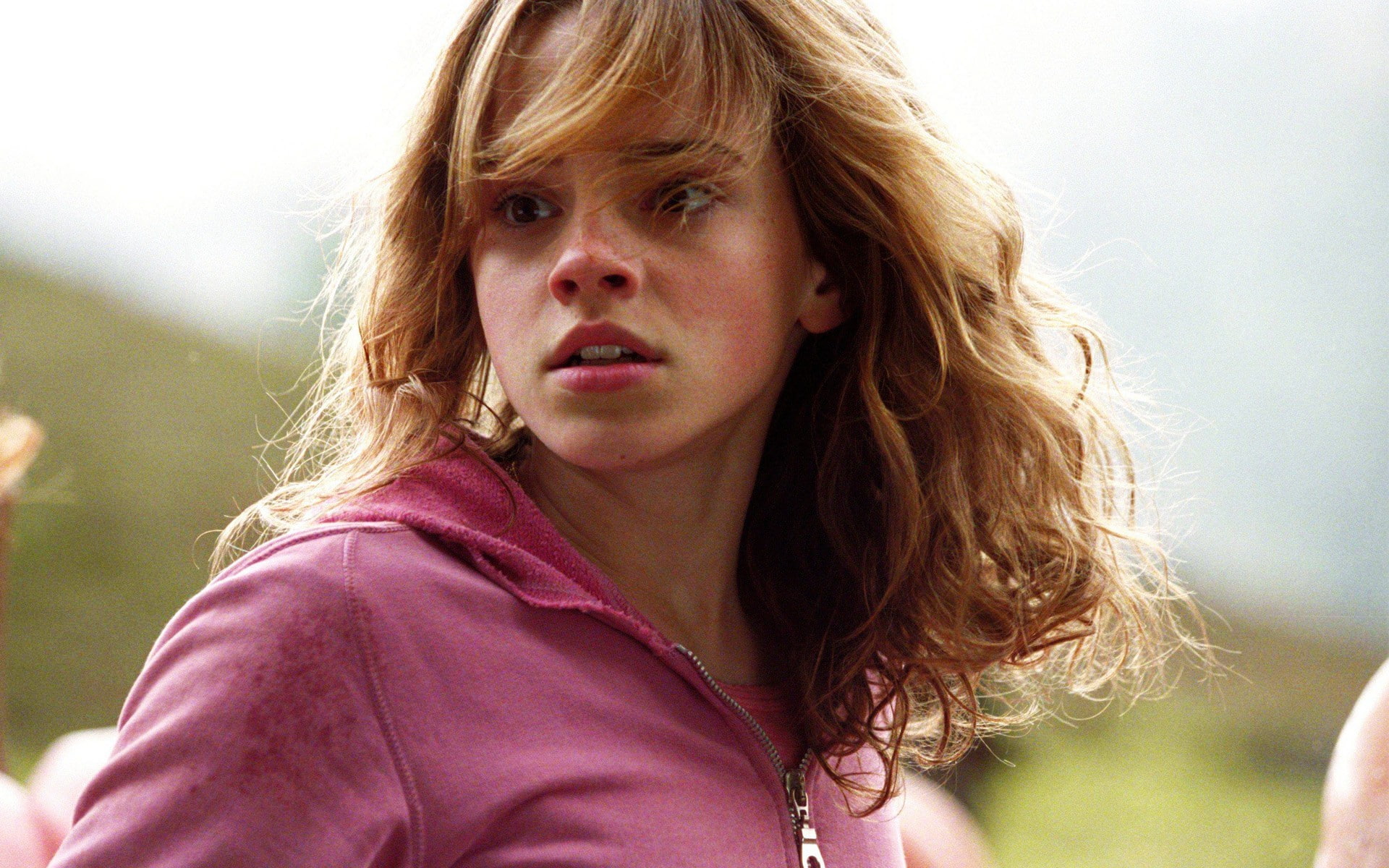 long hair, pink sweater, actress, hair in face, surprised, 1080P, Emma Watson, brunette, women, HD Wallpaper