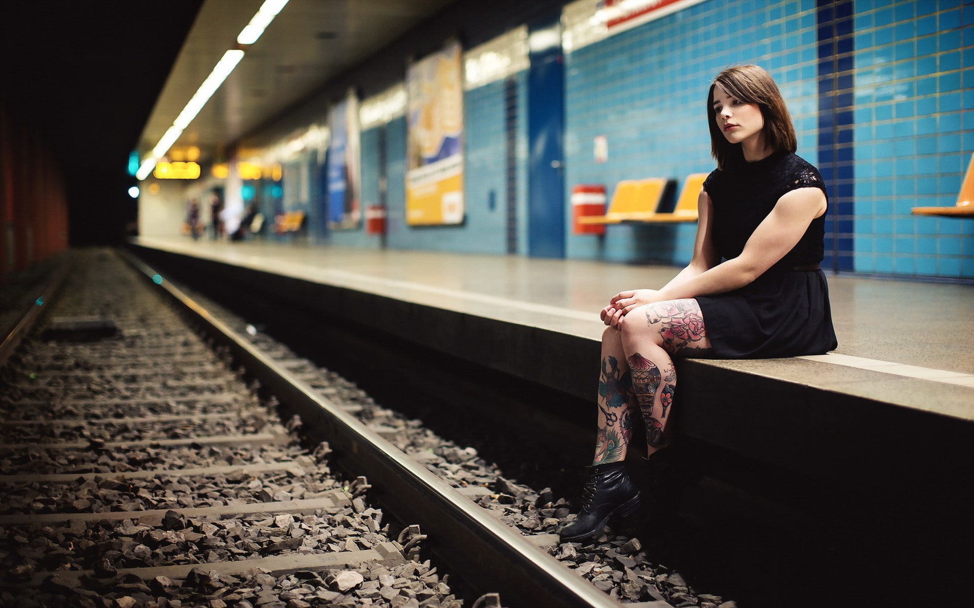 sitting, black dress, model, railway, train station, women, brunette, dress, underground, subway, introvert, tattoo, 1080P, HD Wallpaper