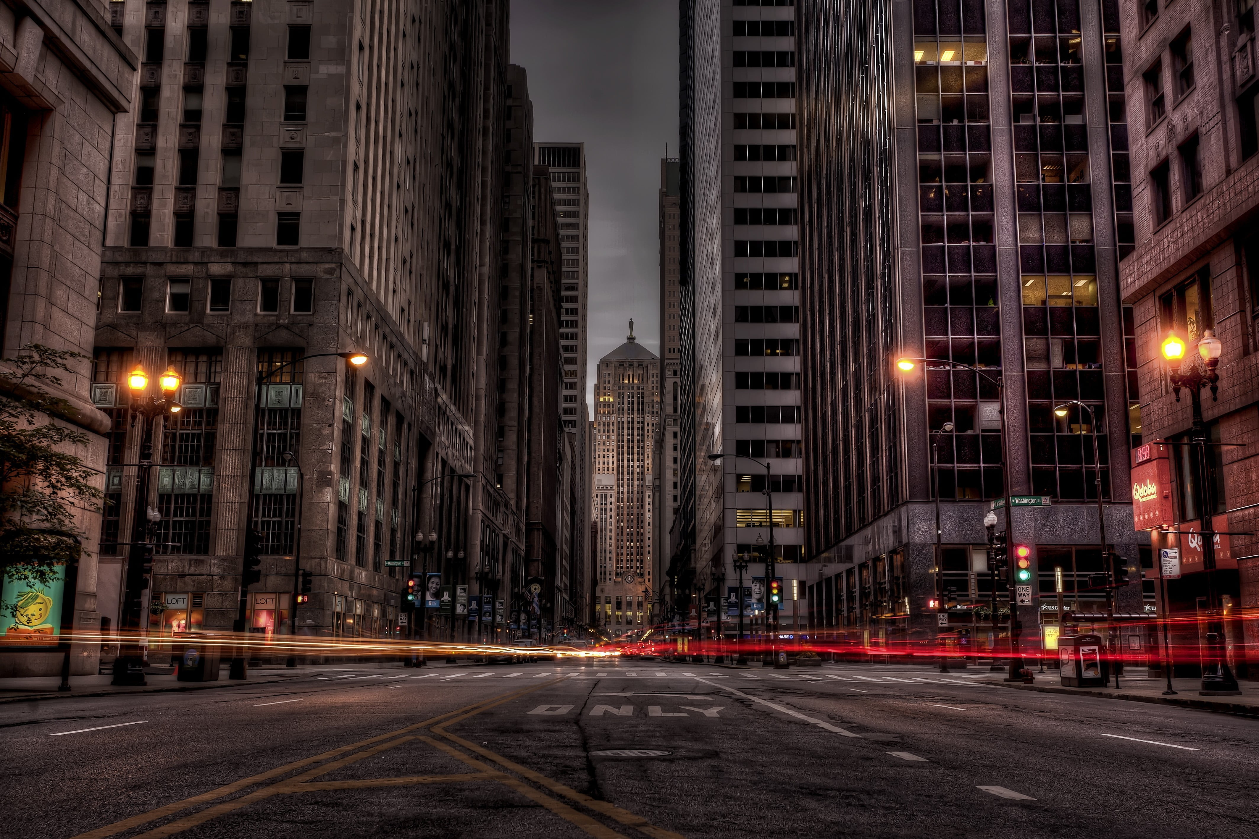 financial district, New York City, motion, mode of transportation, 4K, light, road, city life, illuminated, long exposure, city, outdoors, architecture, HD Wallpaper