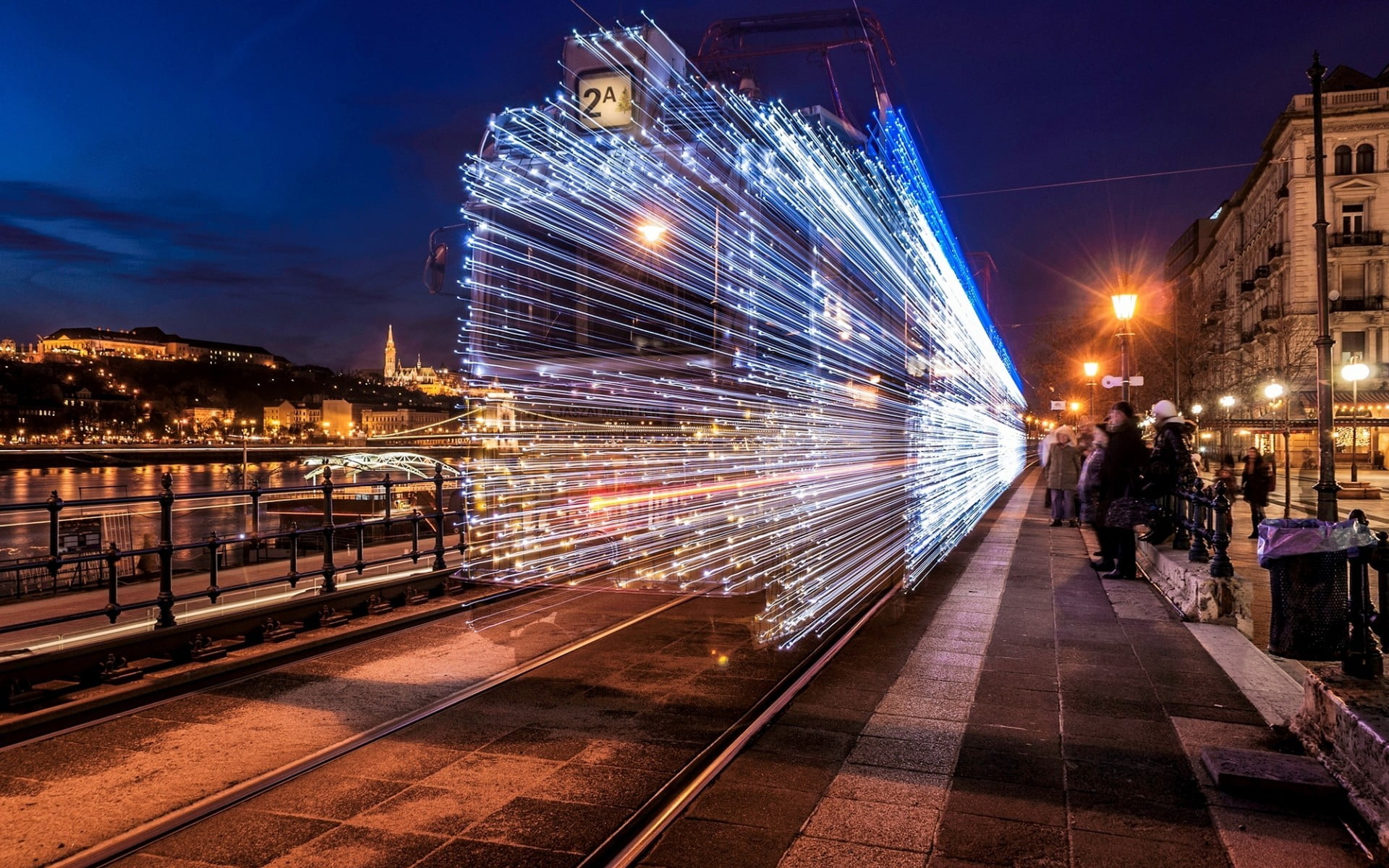 rail transportation, cityscape, illuminated, lights, nature, transportation, tram, road, artwork, mode of transportation, outdoors, s, long exposure, motion, HD Wallpaper