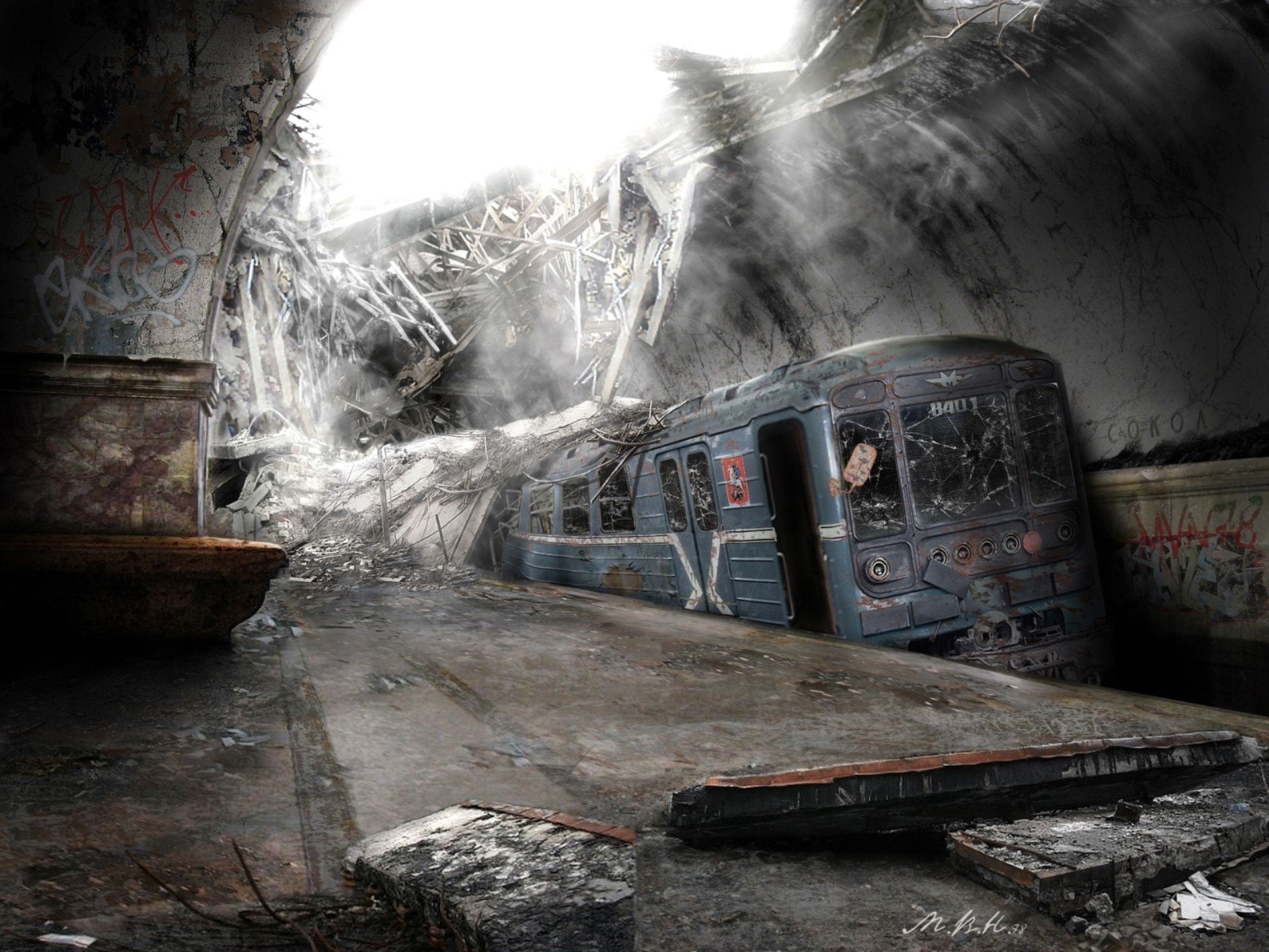 art, 1080P, glass, trains, vehicles, digital, sunlight, subway, post apocalyptic, broken, stations, train, HD Wallpaper