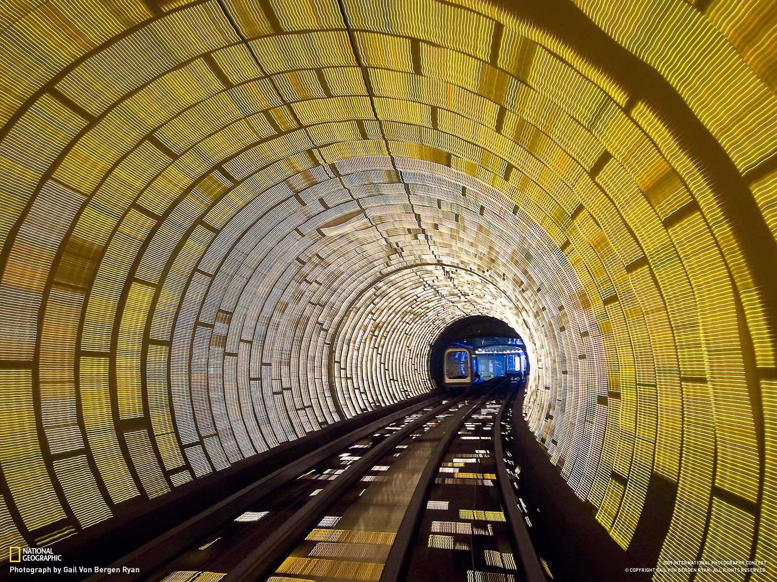 built structure, track, the way forward, 720P, illuminated, arch, light at the end of the tunnel, lights, subway train, no people, arched, vanishing point, HD Wallpaper