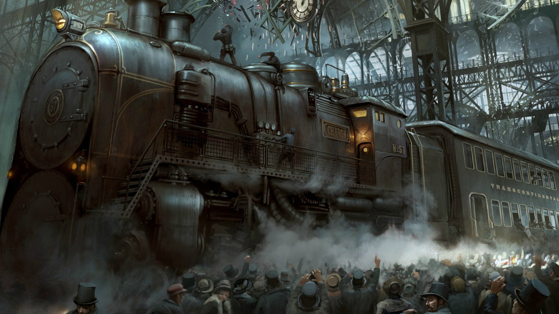 group of people, fuel and power generation, 1080P, fantasy, machinery, locomotive, crowd, building exterior, factory, steam, rail transportation, large group of people, HD Wallpaper