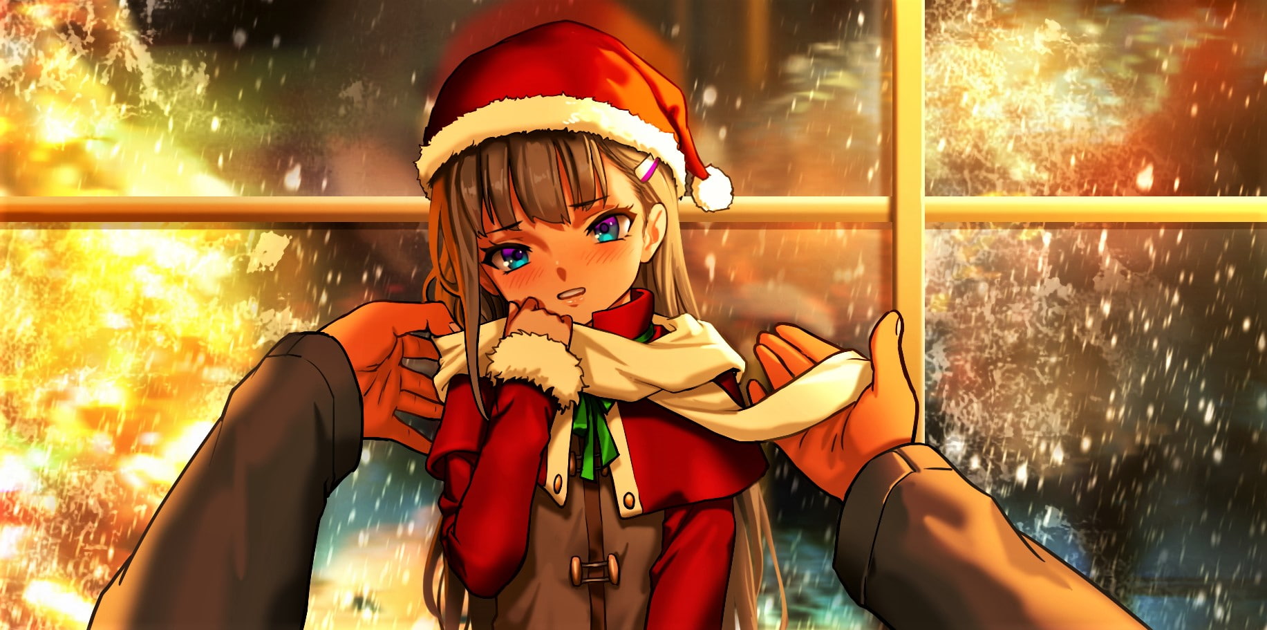 720P, artwork, Christmas, anime girls, winter, snow, New Year, loli, blue eyes, coats, gray hair, As109, HD Wallpaper