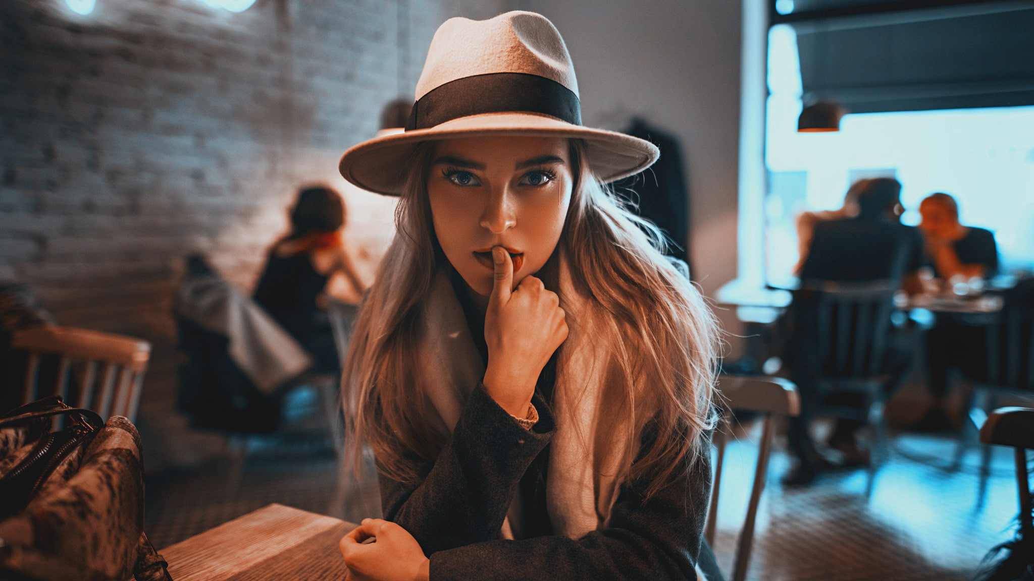 clothing, one person, young women, contemplation, indoors, portrait, sitting, blue eyes, leisure activity, lifestyles, hat, teenager, beauty, women, black coat, HD Wallpaper