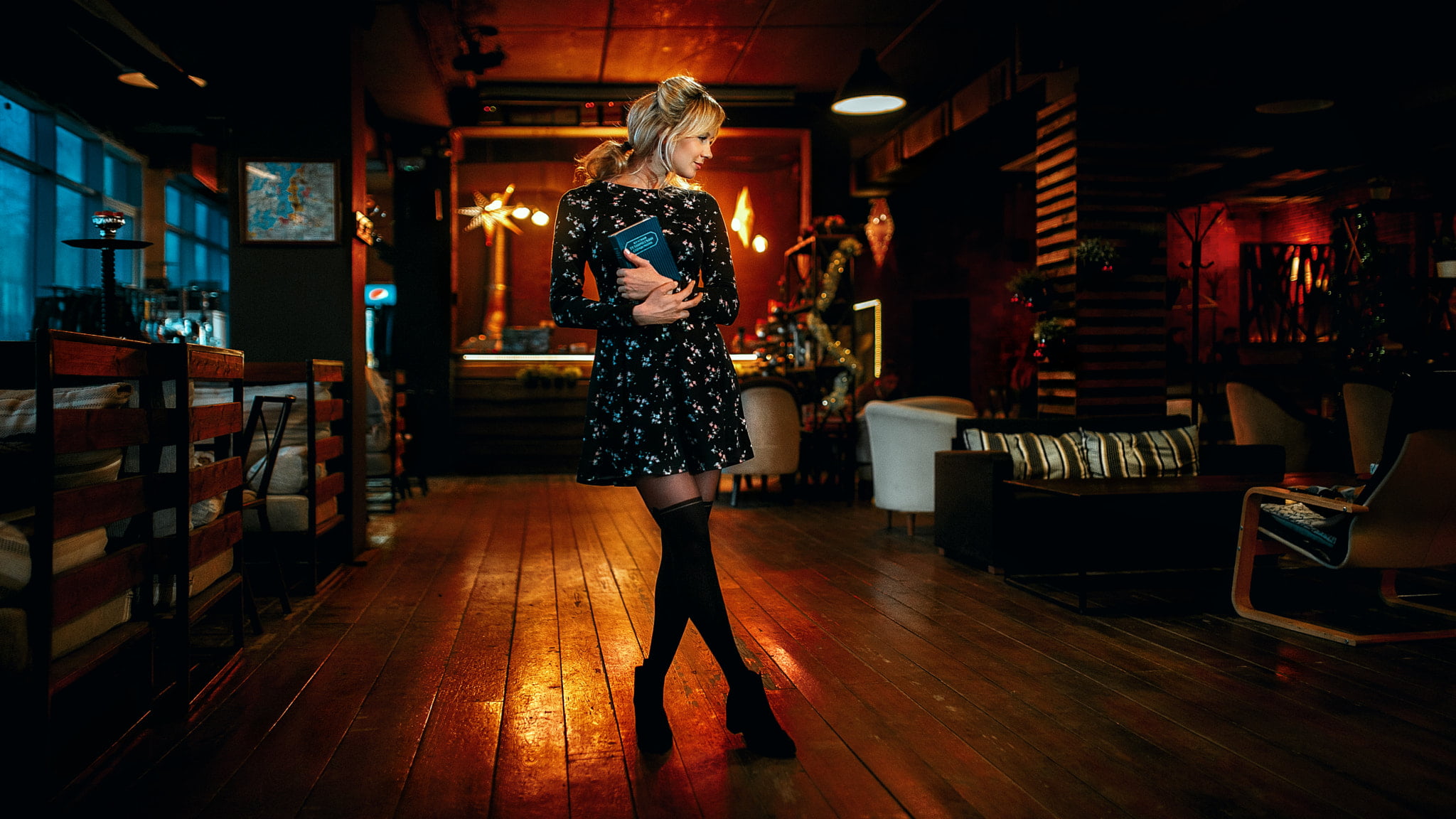 beautiful woman, night, adult, model, standing, indoors, Andrey Metelkov, blond hair, illuminated, real people, fashion, women, 1080P, side view, hairstyle, HD Wallpaper