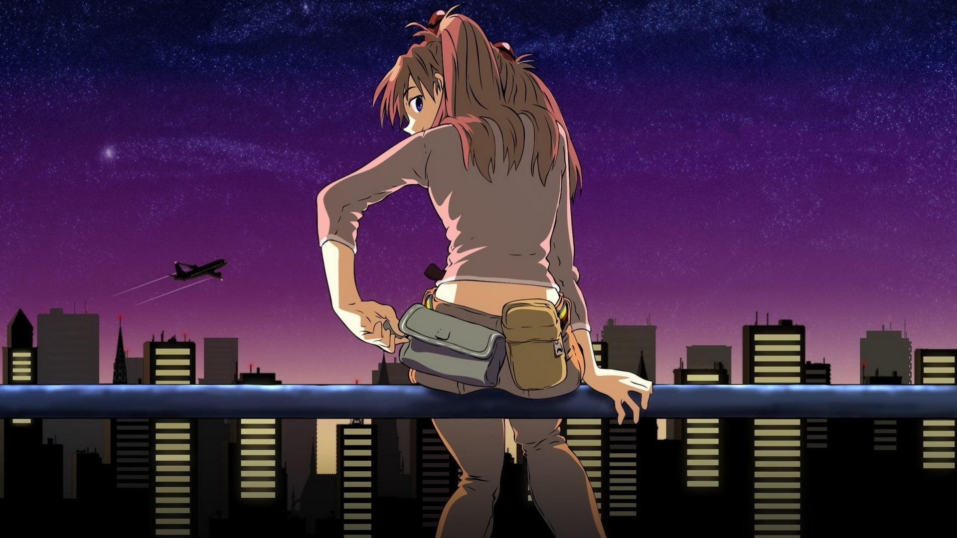 purple, sky, full length, built structure, building exterior, real people, 1080P, art and craft, vertebrate, illustration, railing, looking back, anime girls, HD Wallpaper
