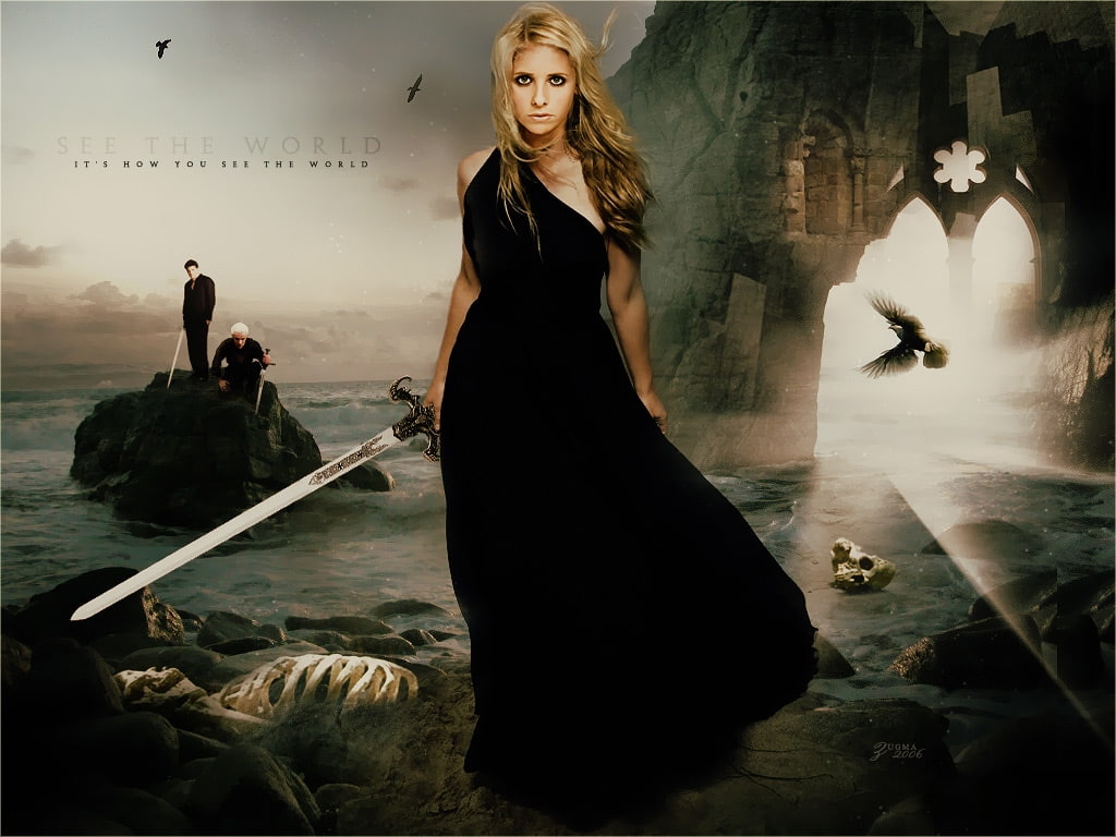 black dress, buffy the vampire slayer, dress, swords, hd, tv, buffy, spike, entertainment, black, art, summers, character, slayer, angel, series, vampire, HD Wallpaper