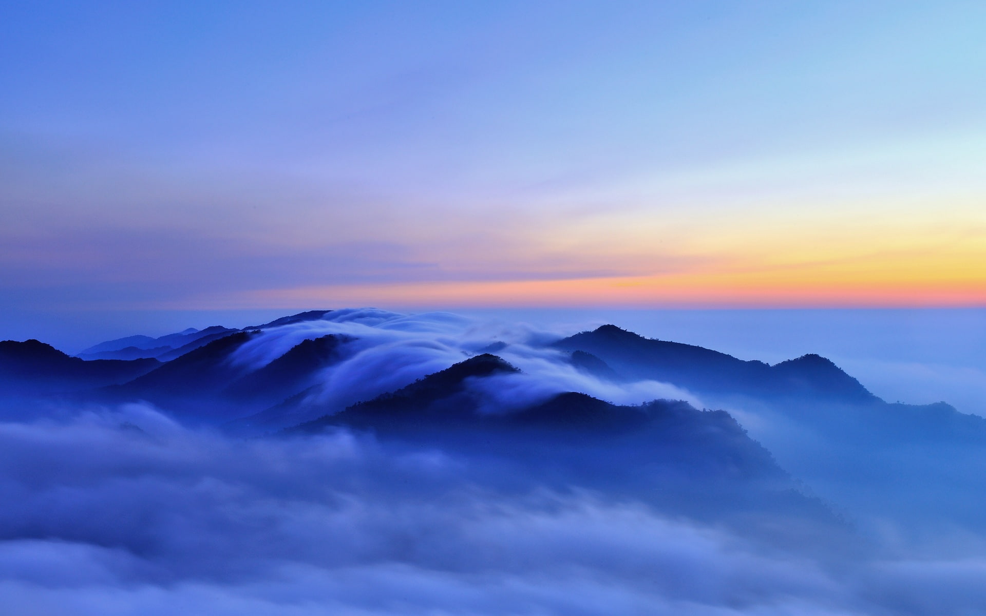 Landscape, white, 1080P, Sunrise, Blue, Clouds, Morning, Nature, Hills, Fog, HD Wallpaper