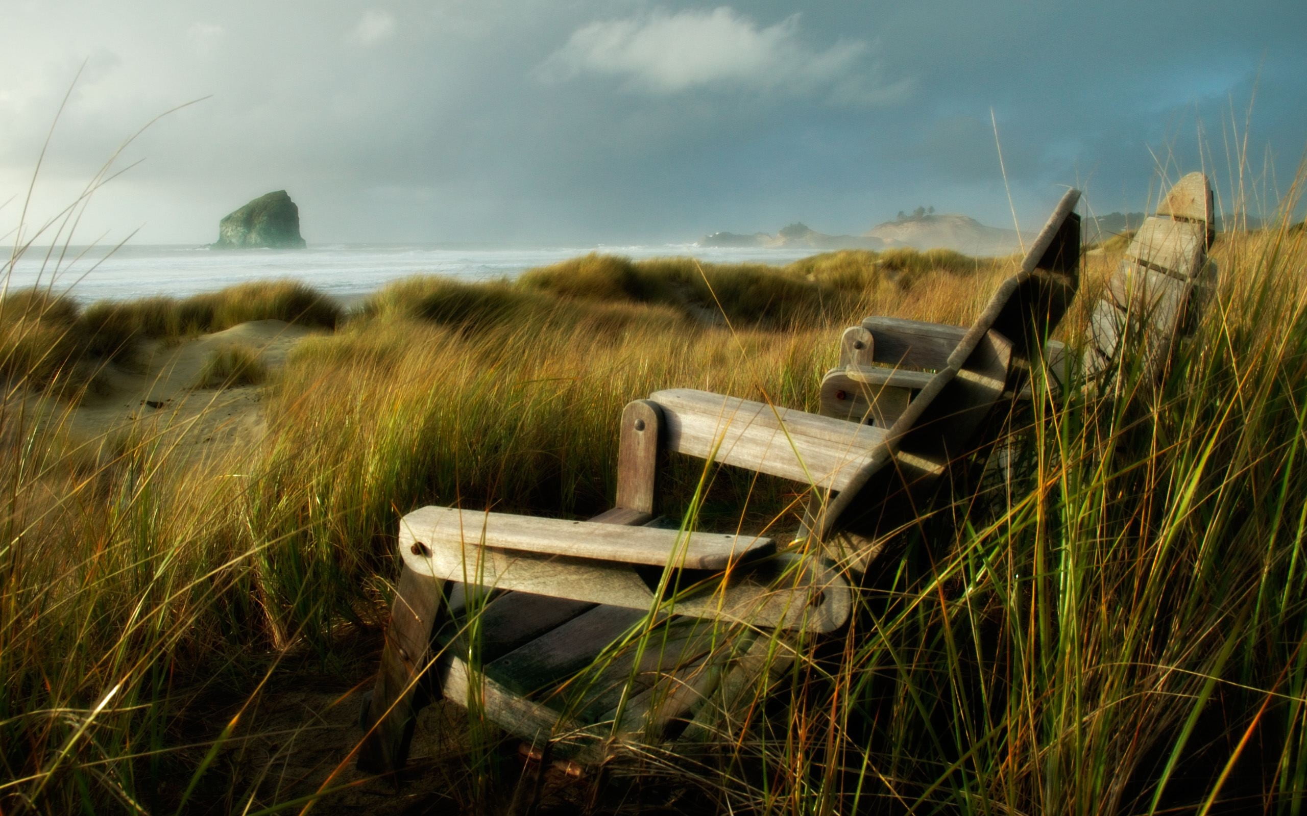 tranquil scene, abandoned, sea, beach, no people, land, nature, grass, plant, 2K, day, horizon, armchairs, scenics - nature, two, sky, chair, landscape, HD Wallpaper