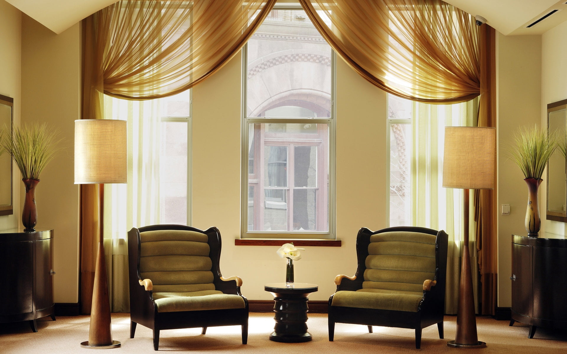 chair, flooring, luxury, indoors, two, armchair, design, wall - Building Feature, curtain, architecture, padded, elegance, lighting equipment, style, seat, HD Wallpaper