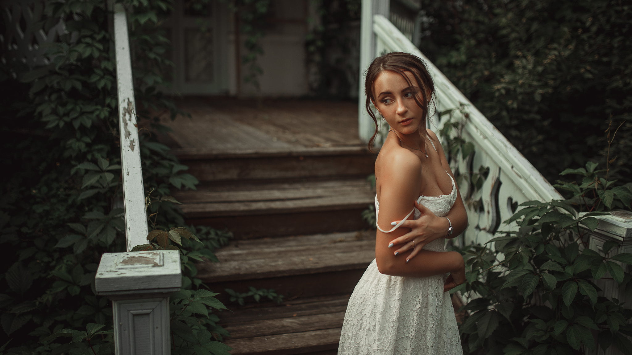 white dress, outdoors, hairstyle, looking at camera, fashion, 1080P, leisure activity, plant, portrait, Egor Konabevtsev, adult, young women, front view, HD Wallpaper