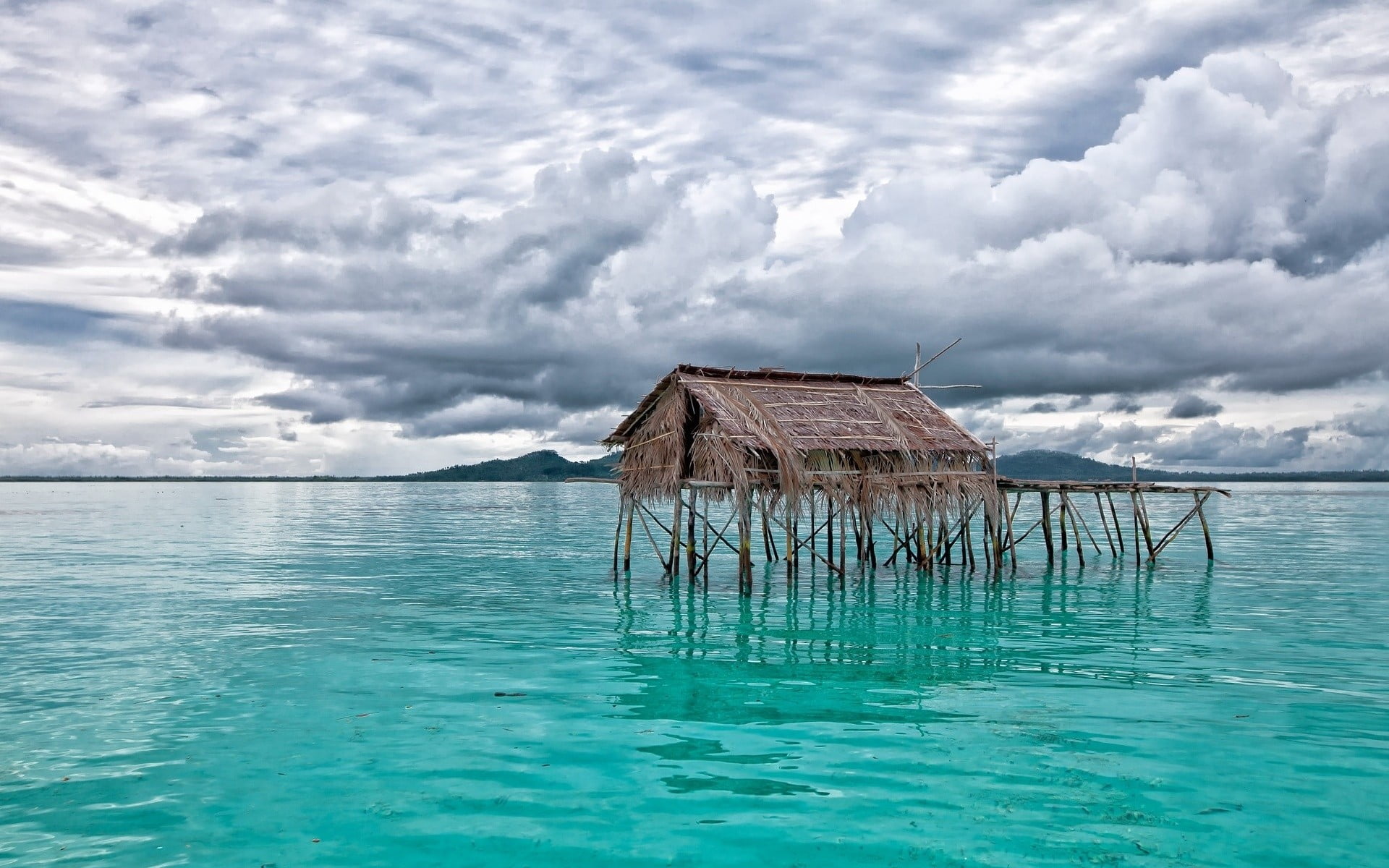 built structure, horizon over water, scenics - nature, sea, brown, water, piles, outdoors, building exterior, wooden, waterfront, mountains, tranquil scene, HD Wallpaper