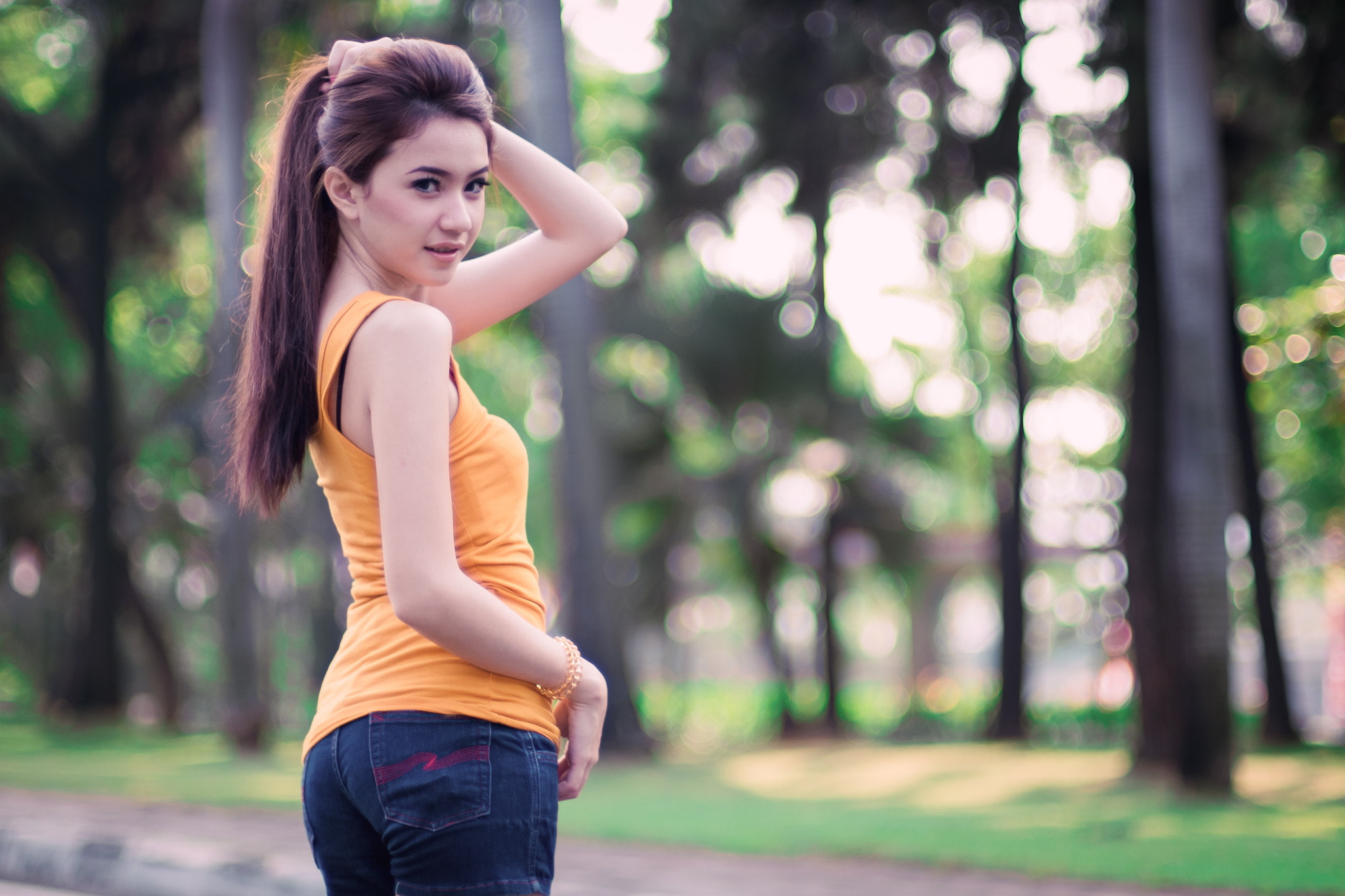 leisure activity, hair, 1080P, arms raised, beauty, fashion, focus on foreground, brunette, real people, one person, Asian, young women, Denny Siauw, casual clothing, HD Wallpaper