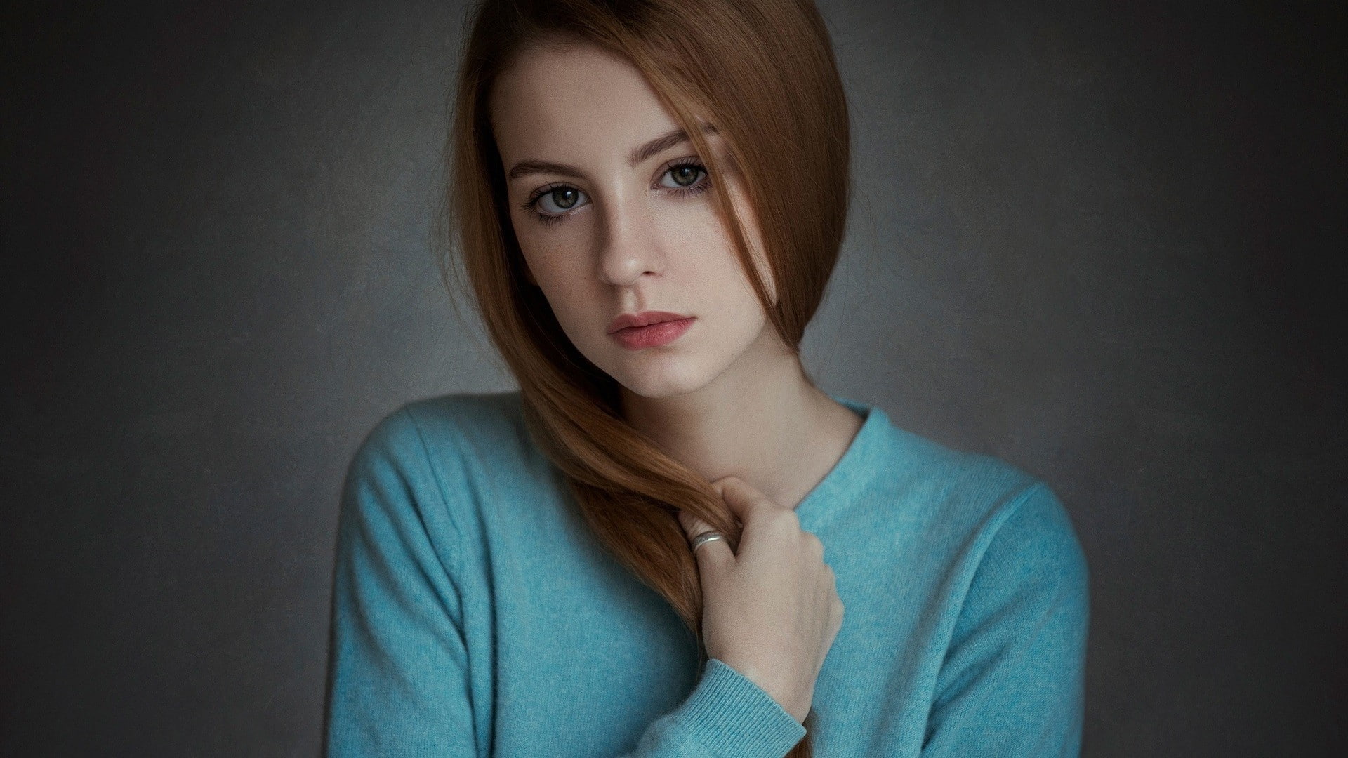 s, women, girl, sweater, alone, looking, 1080P, teal, viewer, brunette, looking at viewer, HD Wallpaper